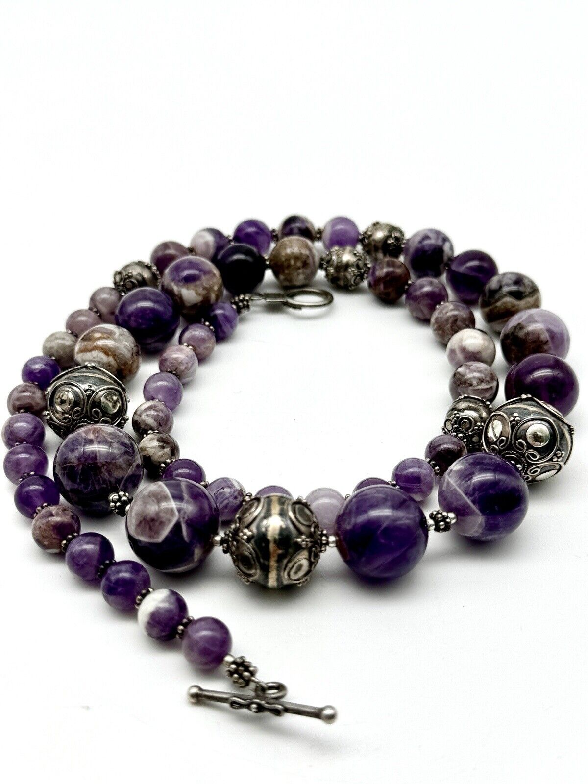 Chunky Purple Amethyst Sterling Silver Necklace Scroll Beads 28” By MERAN
