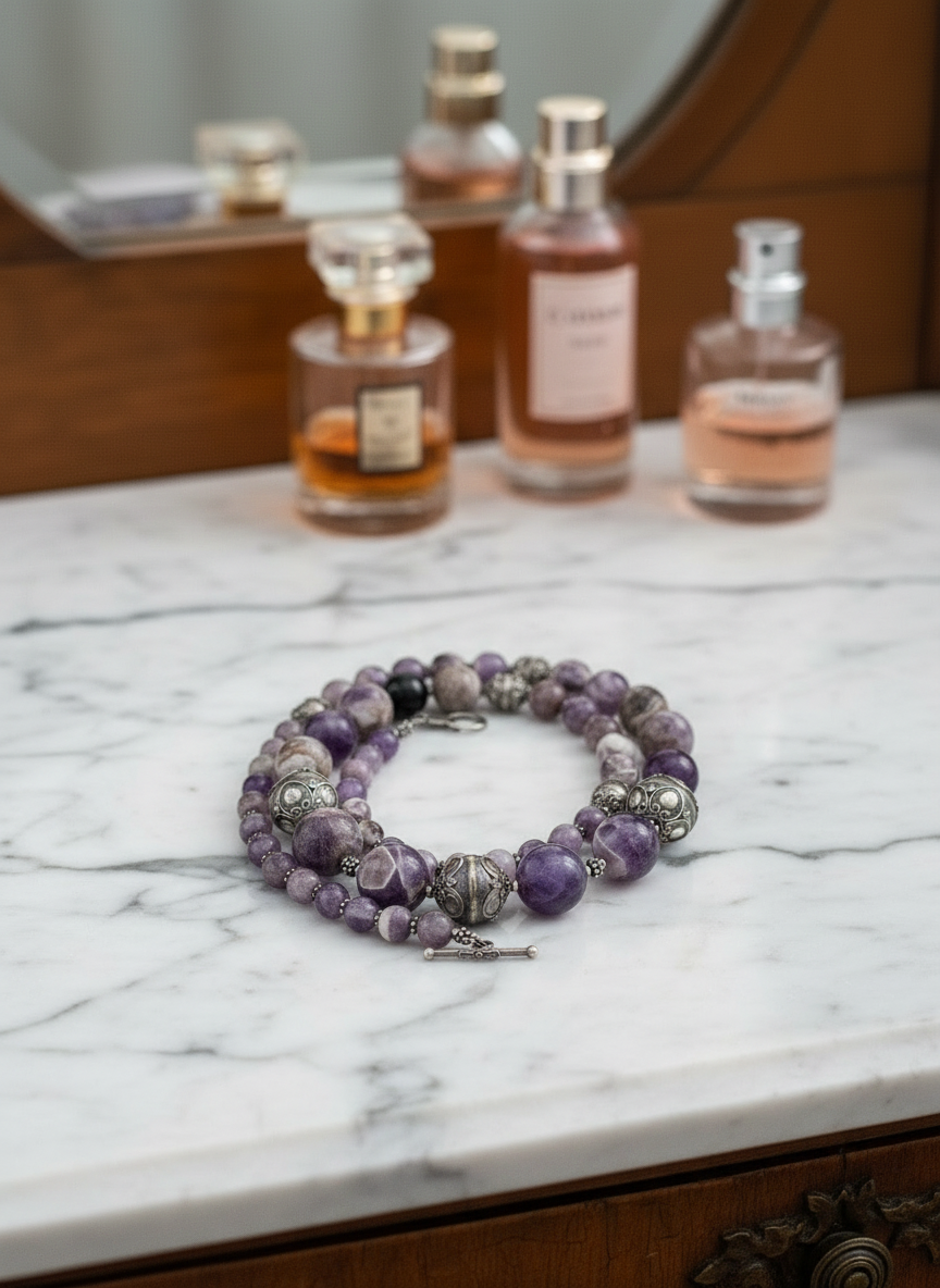 Chunky Purple Amethyst Sterling Silver Necklace Scroll Beads 28” By MERAN