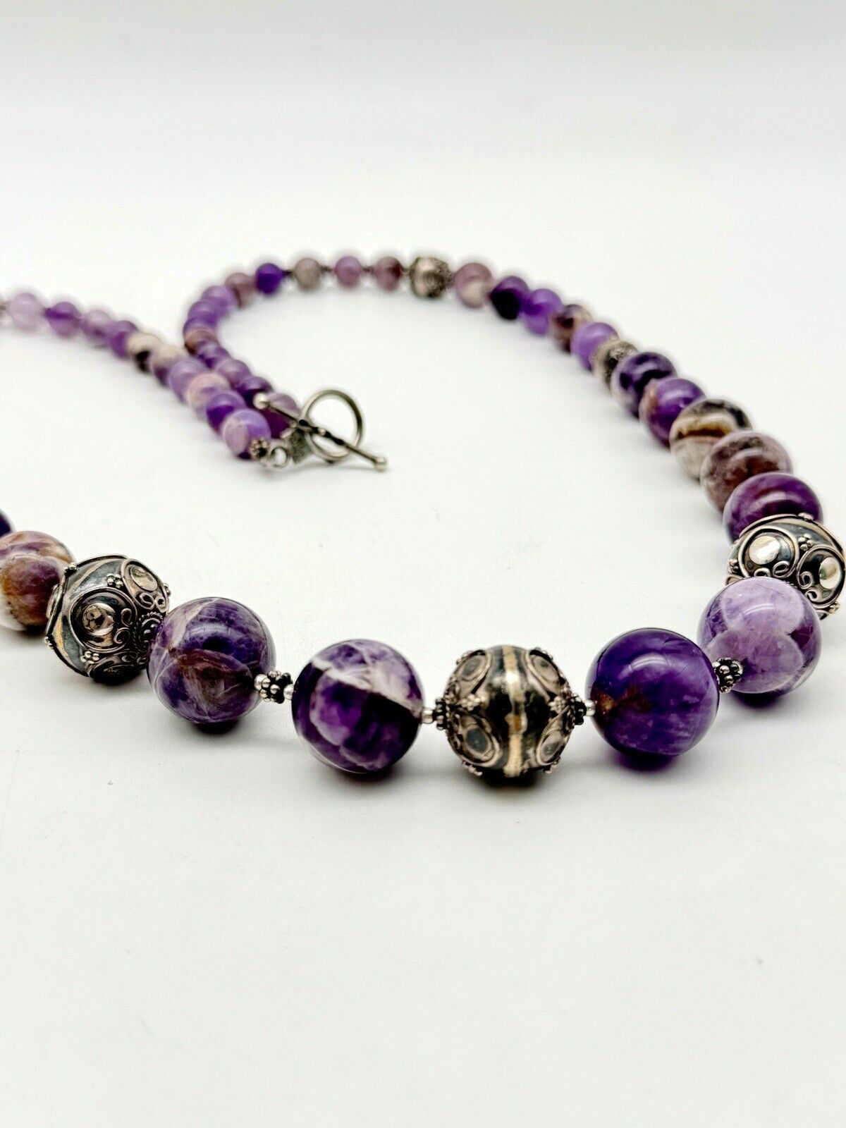 Chunky Purple Amethyst Sterling Silver Necklace Scroll Beads 28” By MERAN