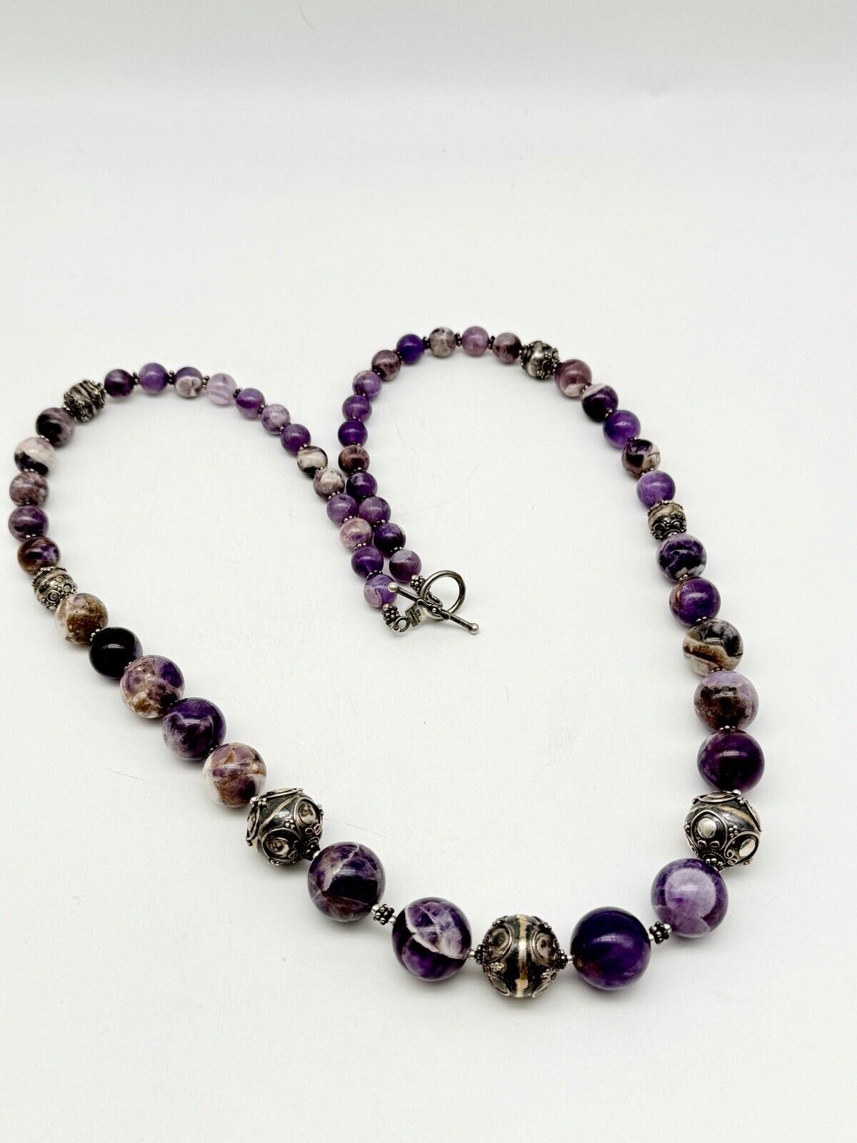 Chunky Purple Amethyst Sterling Silver Necklace Scroll Beads 28” By MERAN