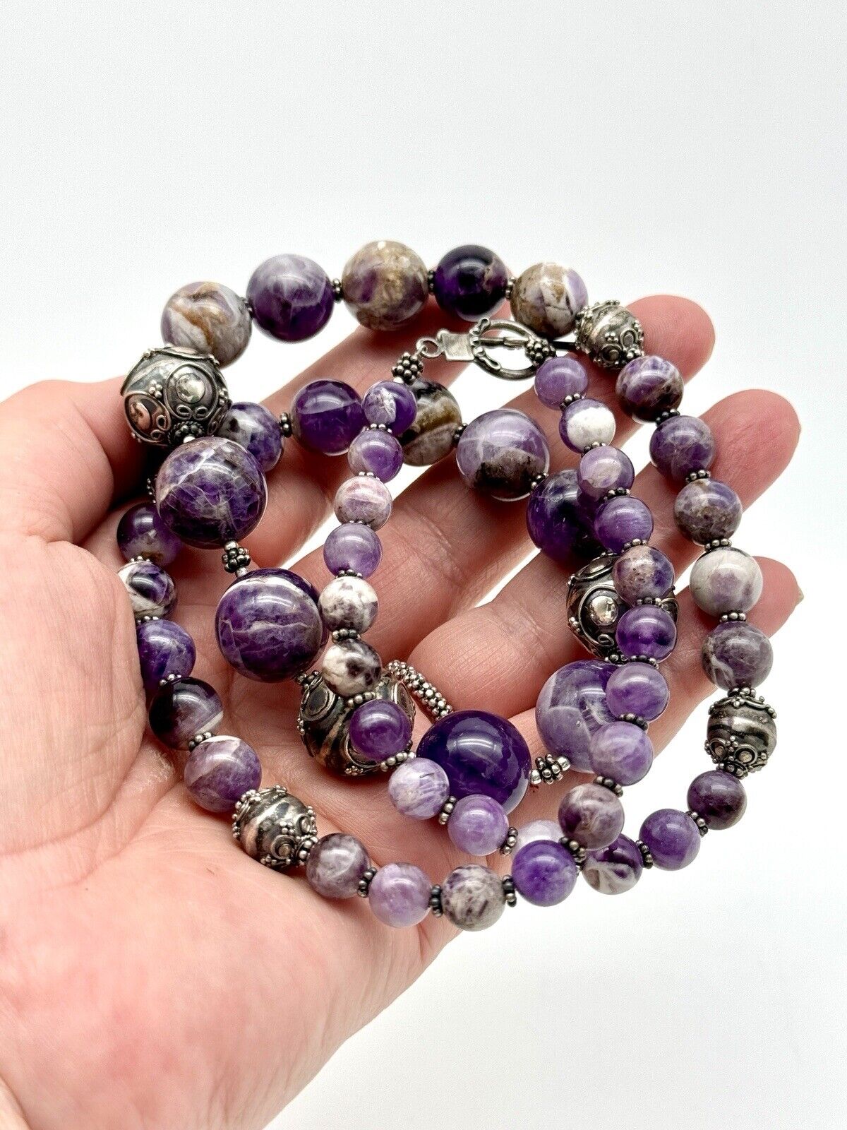 Chunky Purple Amethyst Sterling Silver Necklace Scroll Beads 28” By MERAN