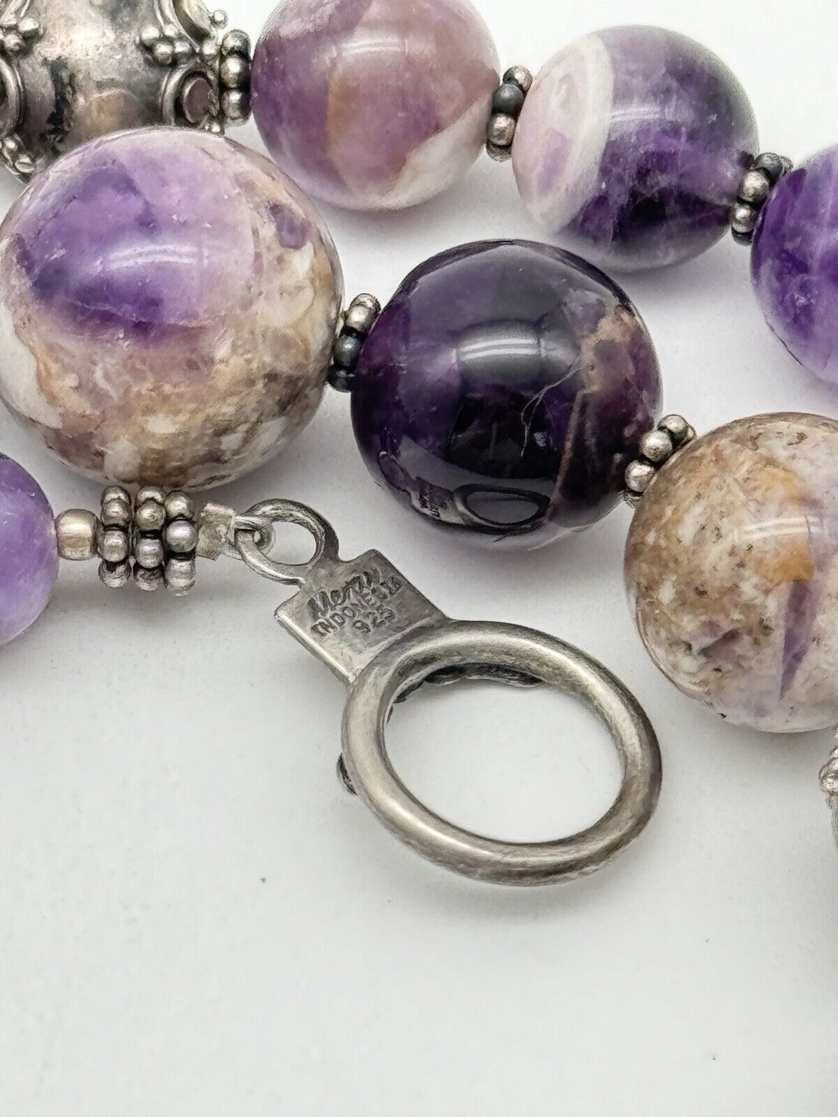 Chunky Purple Amethyst Sterling Silver Necklace Scroll Beads 28” By MERAN