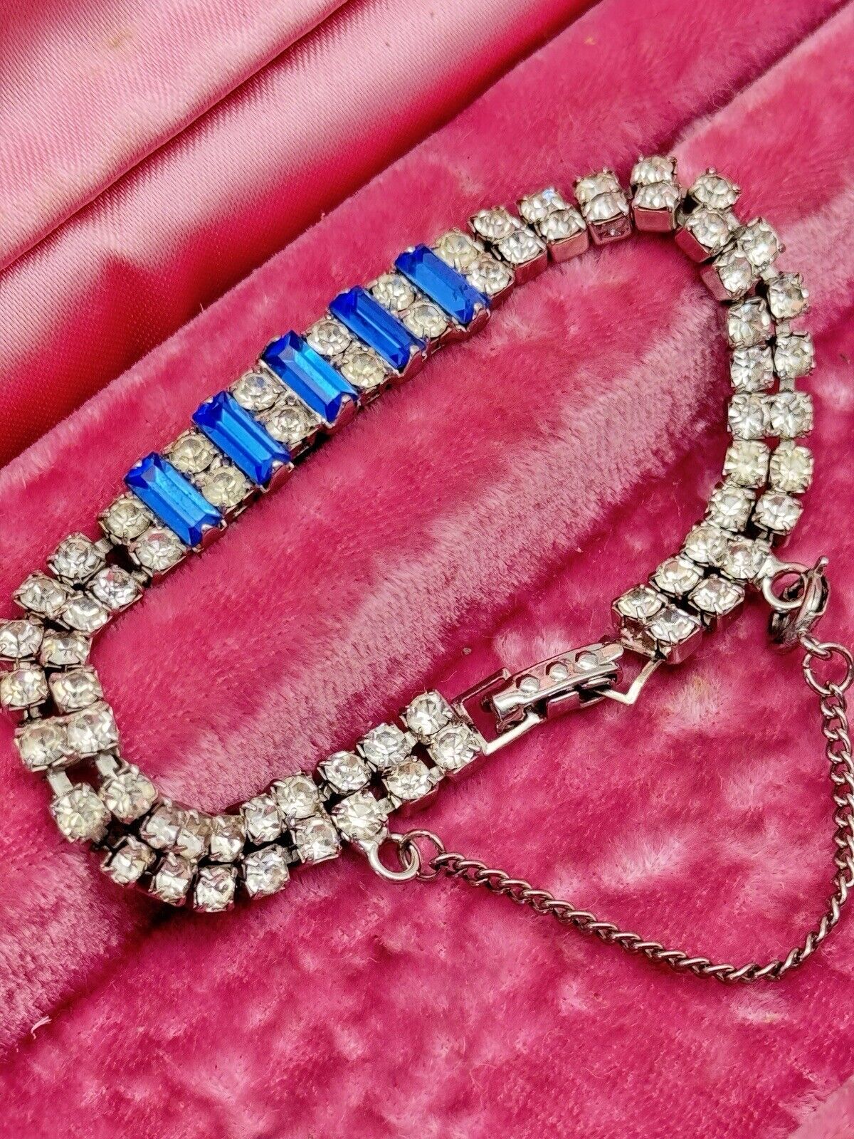 Vintage SIGNED Eisenberg Ice Tennis Bracelet Clear & Blue Rhinestone Circa 7”