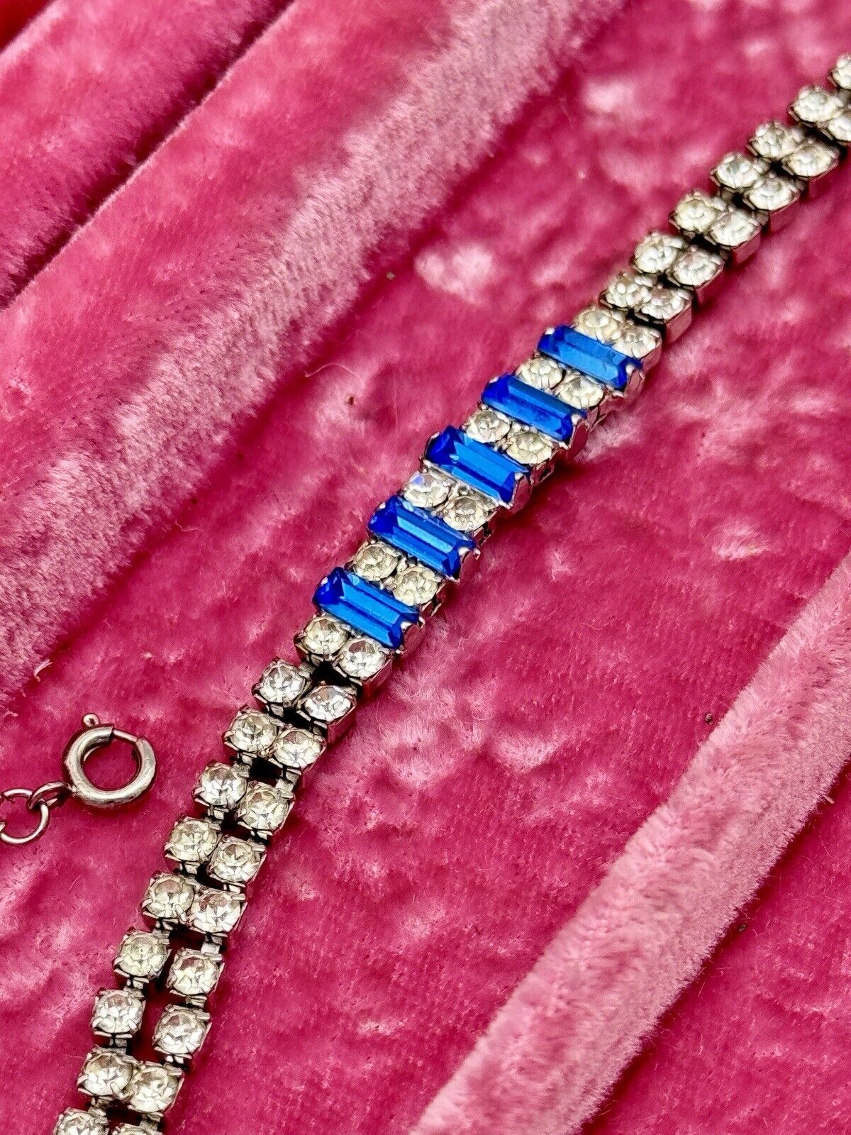Vintage SIGNED Eisenberg Ice Tennis Bracelet Clear & Blue Rhinestone Circa 7”