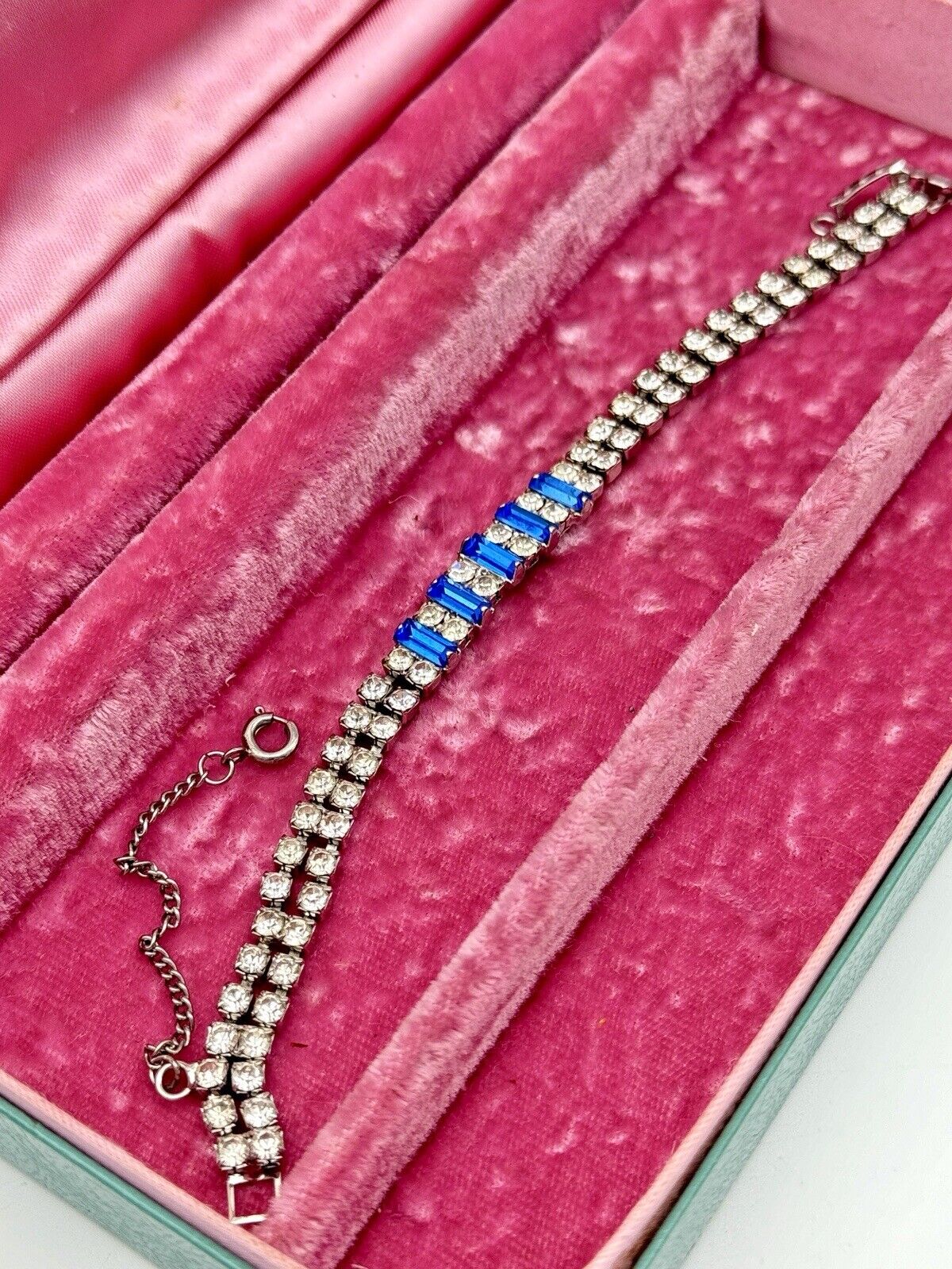 Vintage SIGNED Eisenberg Ice Tennis Bracelet Clear & Blue Rhinestone Circa 7”