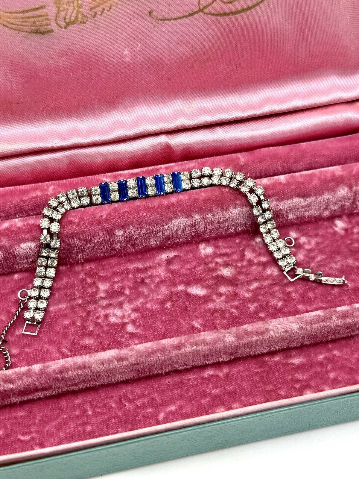 Vintage SIGNED Eisenberg Ice Tennis Bracelet Clear & Blue Rhinestone Circa 7”