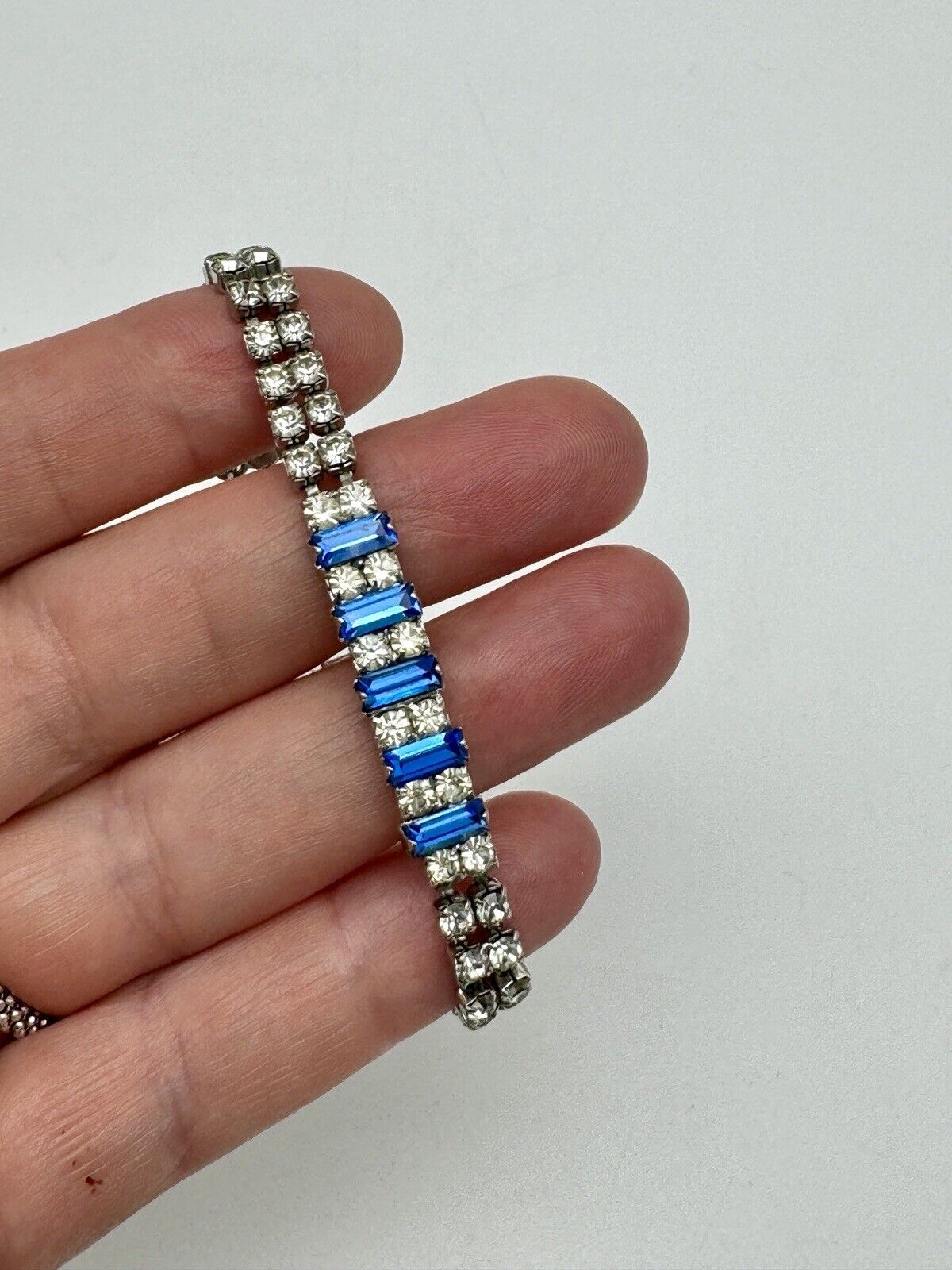 Vintage SIGNED Eisenberg Ice Tennis Bracelet Clear & Blue Rhinestone Circa 7”