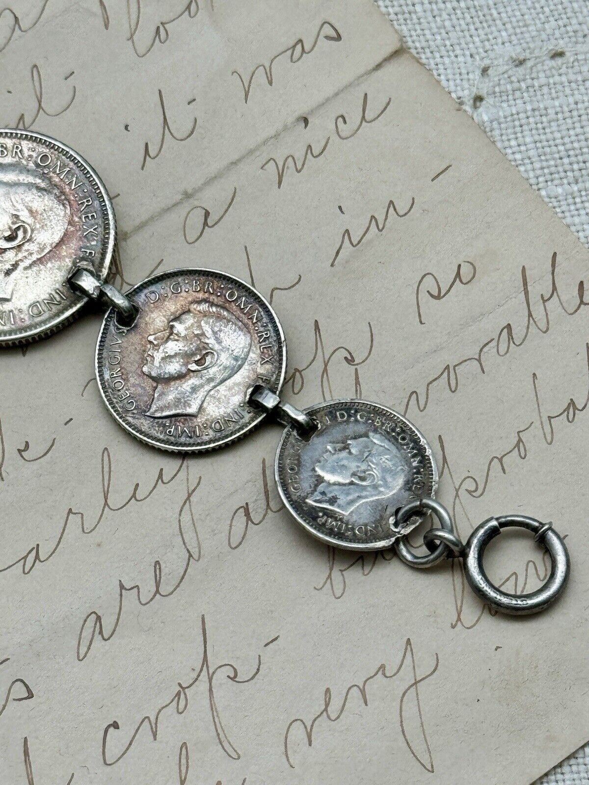 Vintage AUSTRALIA 1943 FLORIN Sterling Coin Bracelet Marked Sterling 7 Coins 7”
