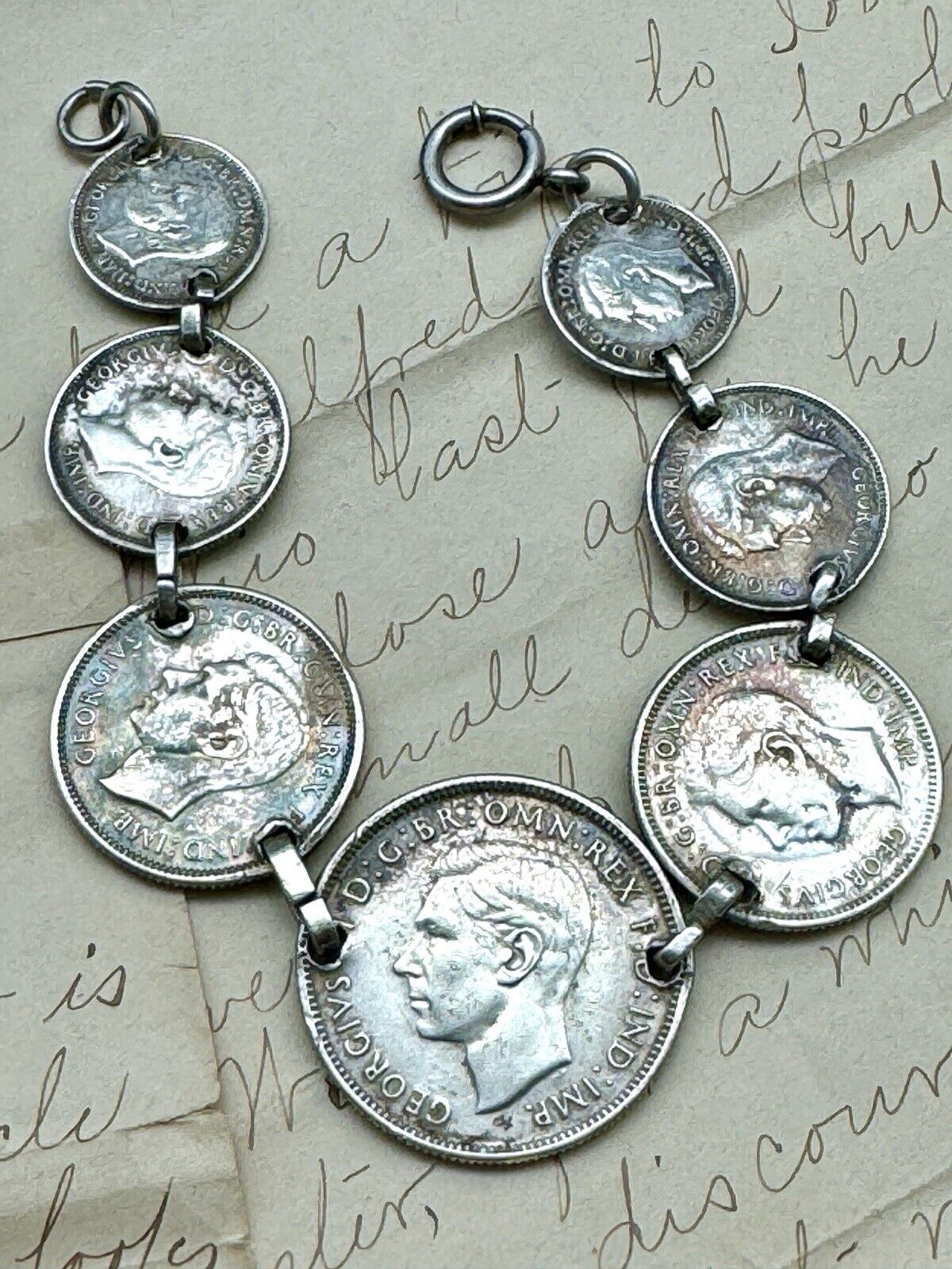 Vintage AUSTRALIA 1943 FLORIN Sterling Coin Bracelet Marked Sterling 7 Coins 7”