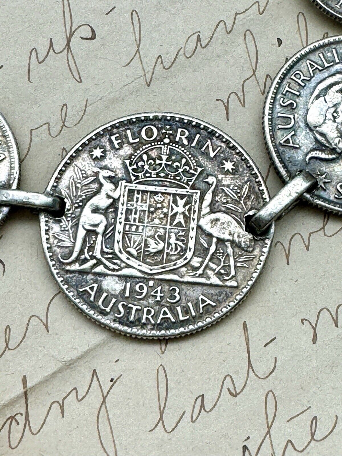Vintage AUSTRALIA 1943 FLORIN Sterling Coin Bracelet Marked Sterling 7 Coins 7”
