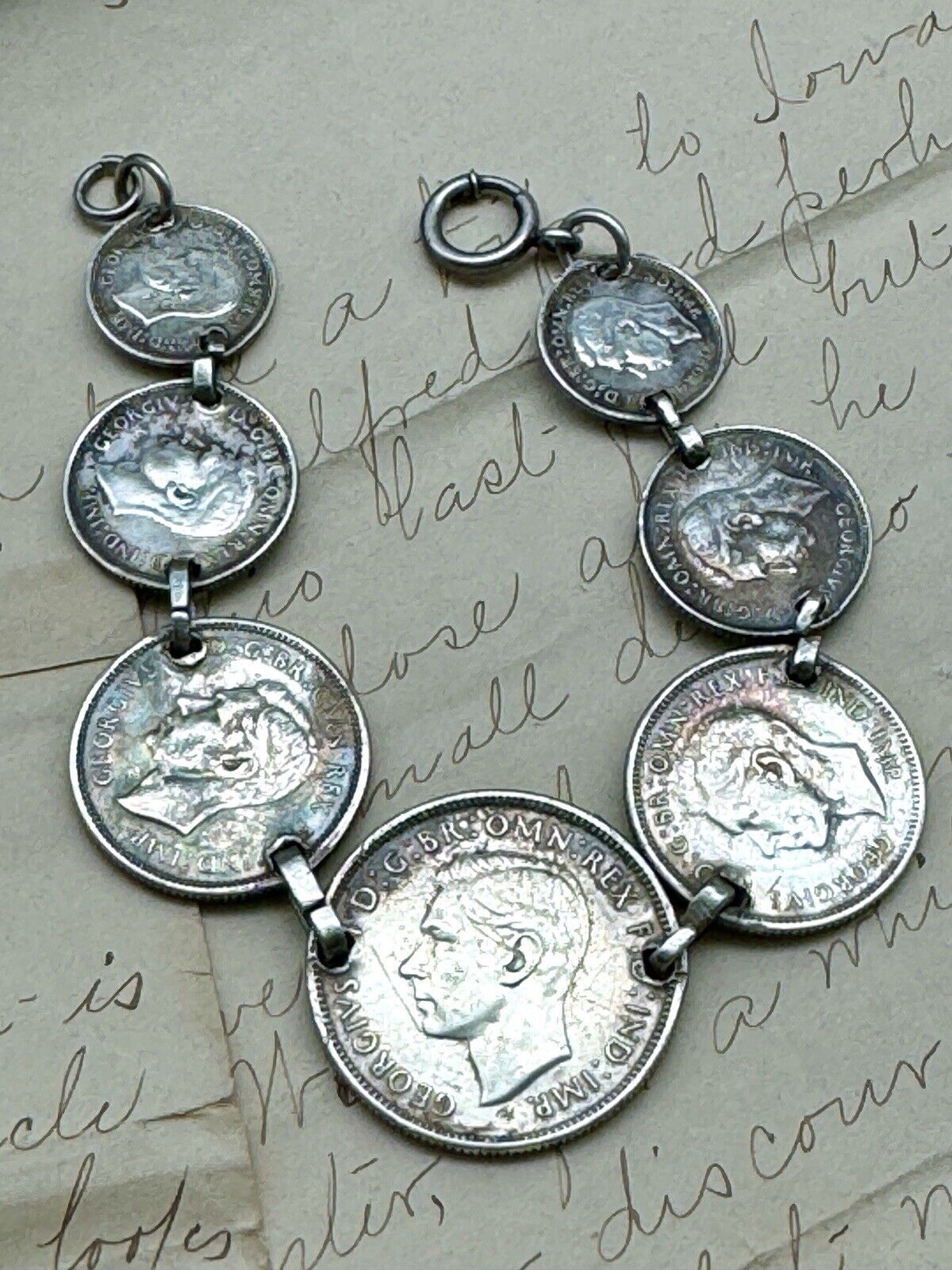 Vintage AUSTRALIA 1943 FLORIN Sterling Coin Bracelet Marked Sterling 7 Coins 7”