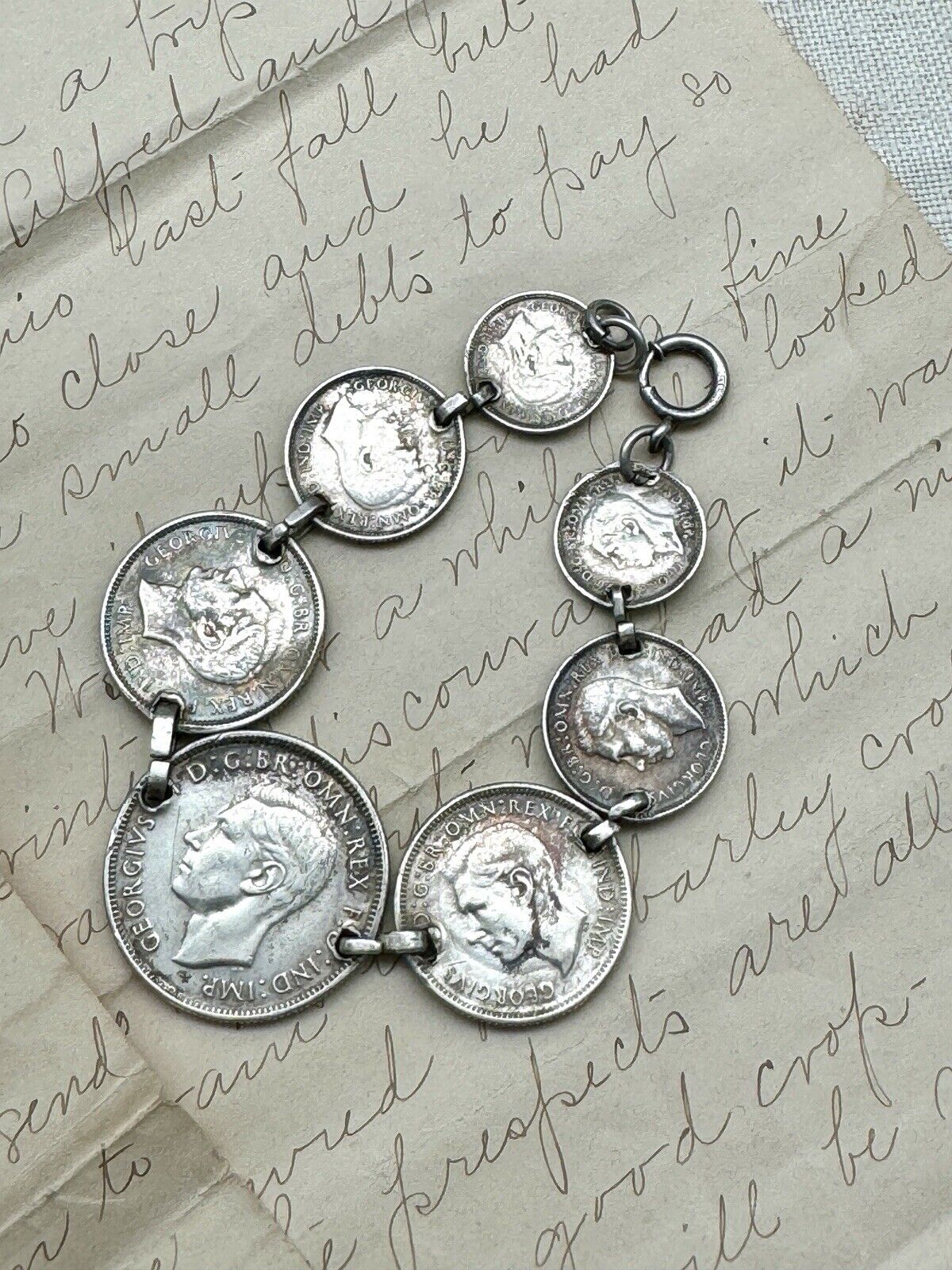 Vintage AUSTRALIA 1943 FLORIN Sterling Coin Bracelet Marked Sterling 7 Coins 7”