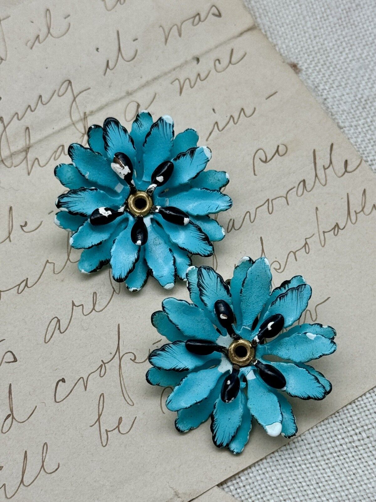 Vintage Aqua Blue Metal Flower Clip On Earrings
