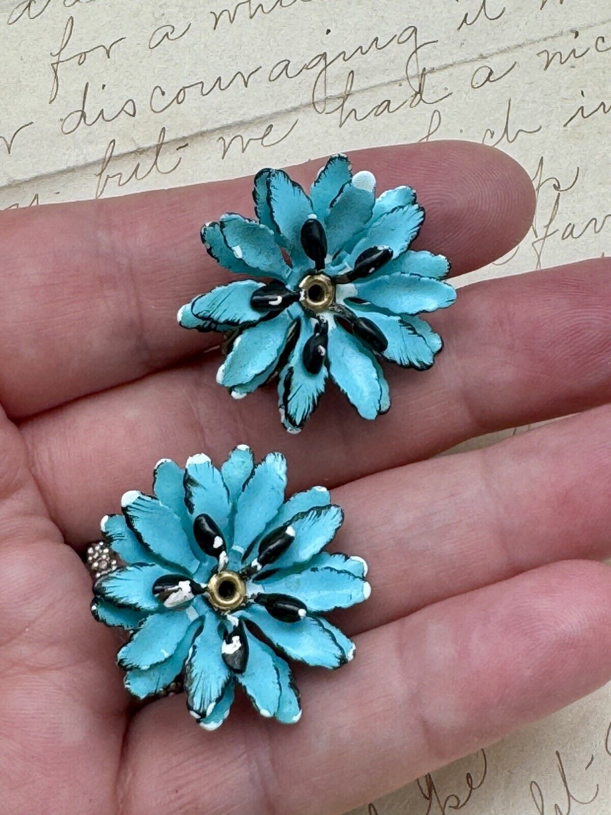 Vintage Aqua Blue Metal Flower Clip On Earrings