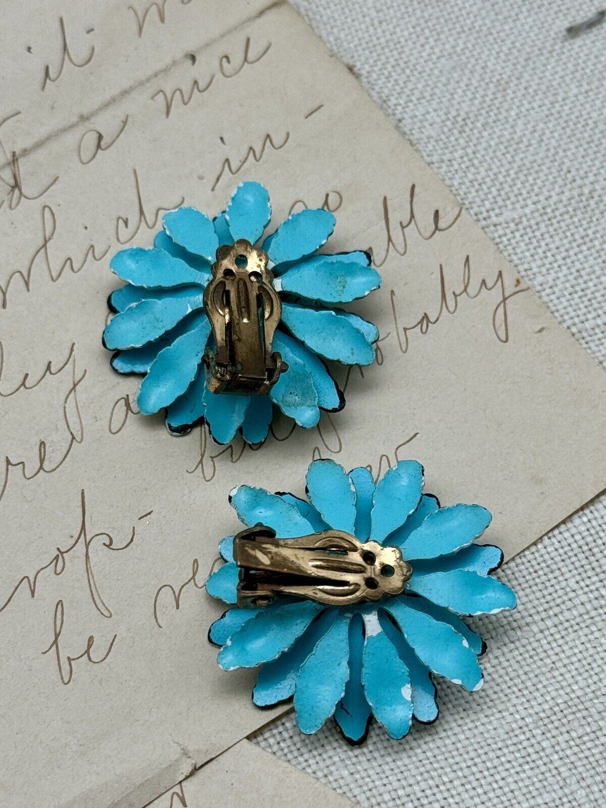 Vintage Aqua Blue Metal Flower Clip On Earrings
