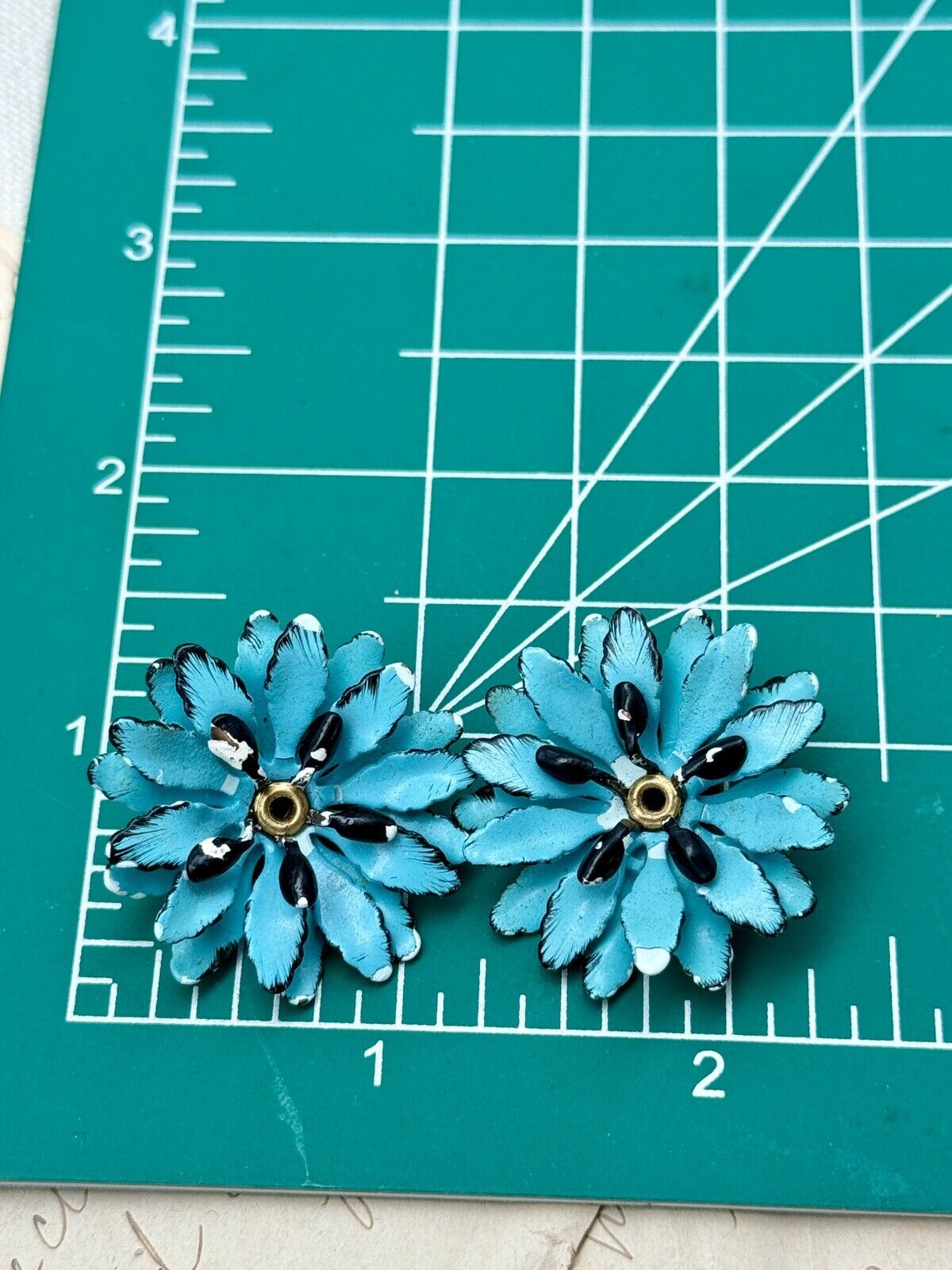 Vintage Aqua Blue Metal Flower Clip On Earrings