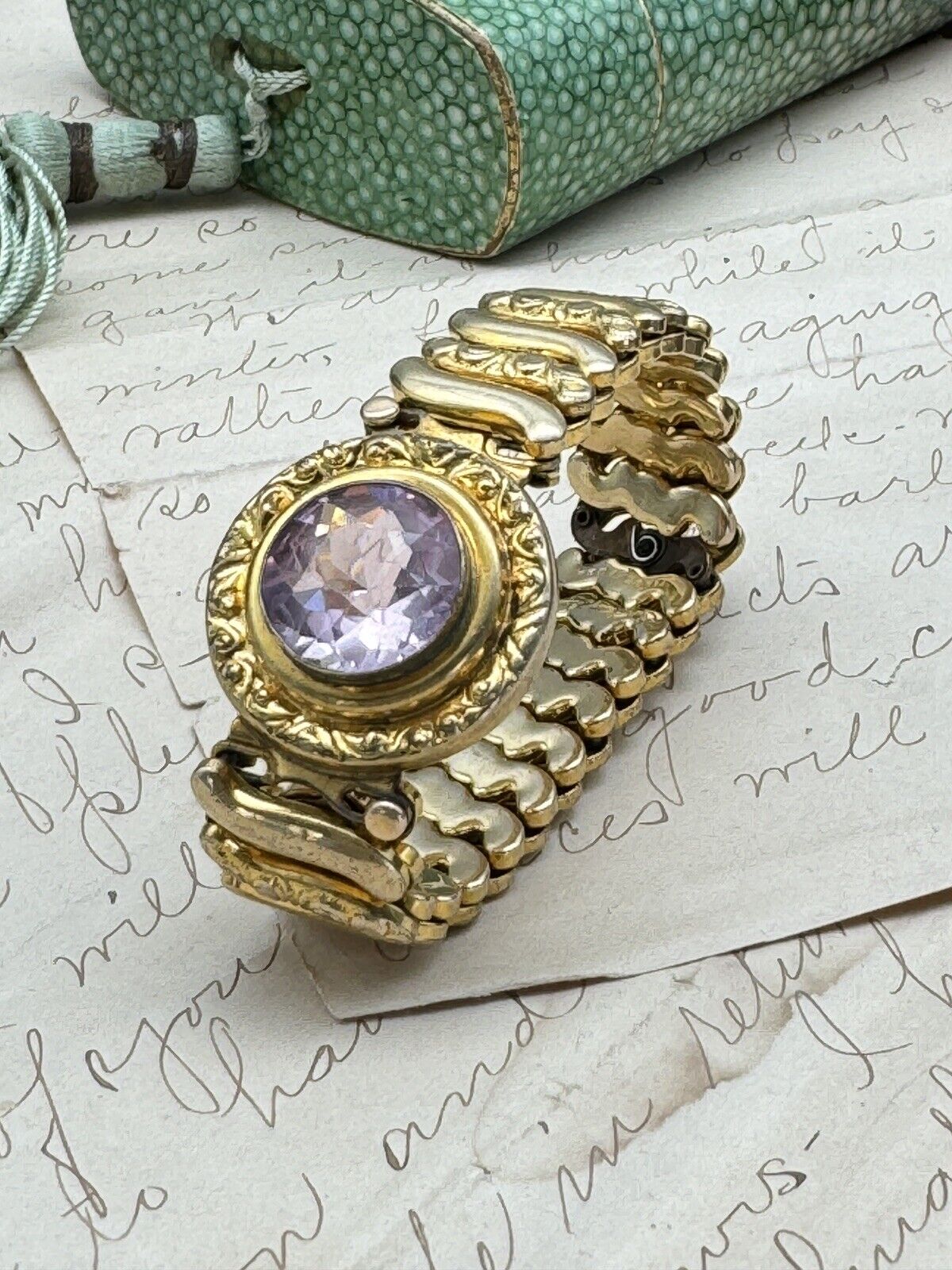 Vintage Expandable Sweetheart Bracelet Leading Lady Gold Filled Pink Stone