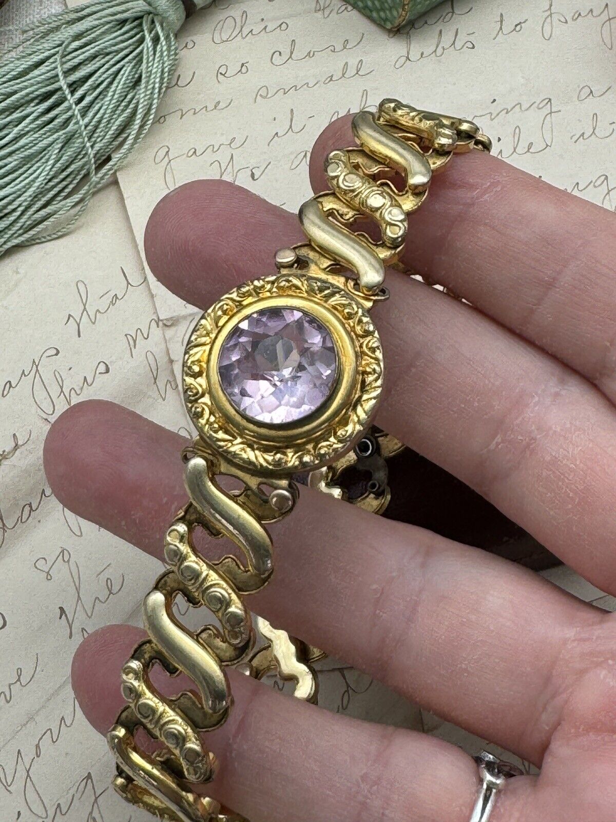 Vintage Expandable Sweetheart Bracelet Leading Lady Gold Filled Pink Stone