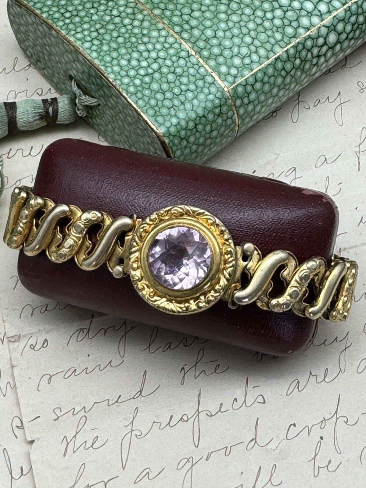 Vintage Expandable Sweetheart Bracelet Leading Lady Gold Filled Pink Stone