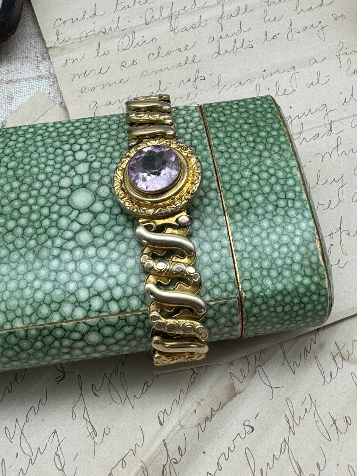 Vintage Expandable Sweetheart Bracelet Leading Lady Gold Filled Pink Stone
