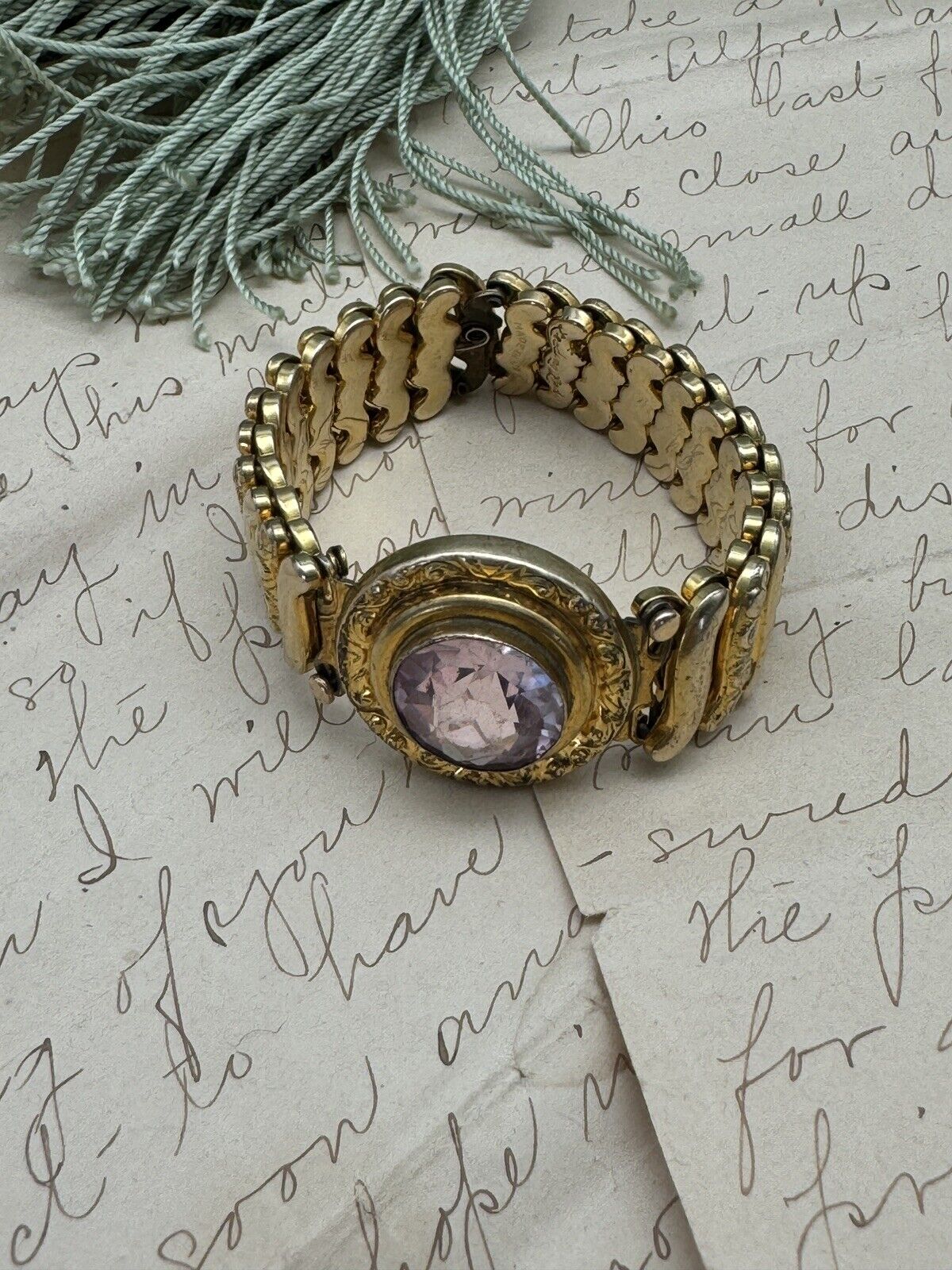 Vintage Expandable Sweetheart Bracelet Leading Lady Gold Filled Pink Stone