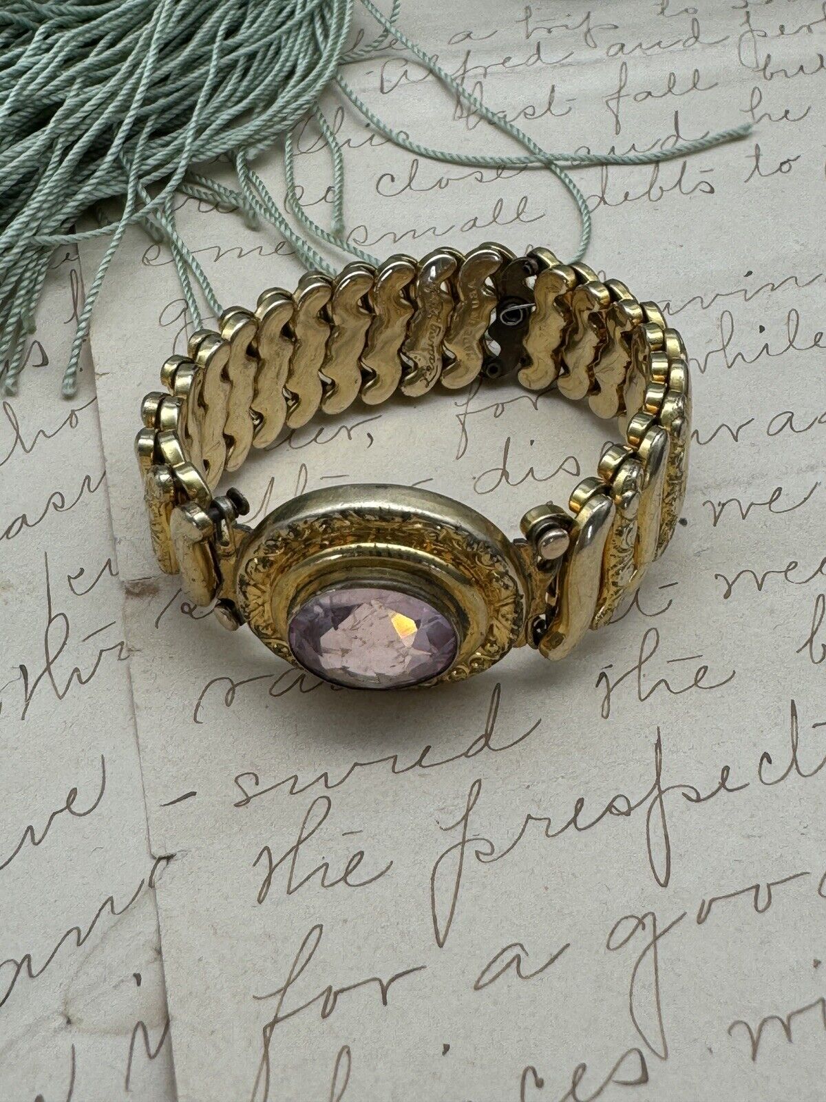 Vintage Expandable Sweetheart Bracelet Leading Lady Gold Filled Pink Stone