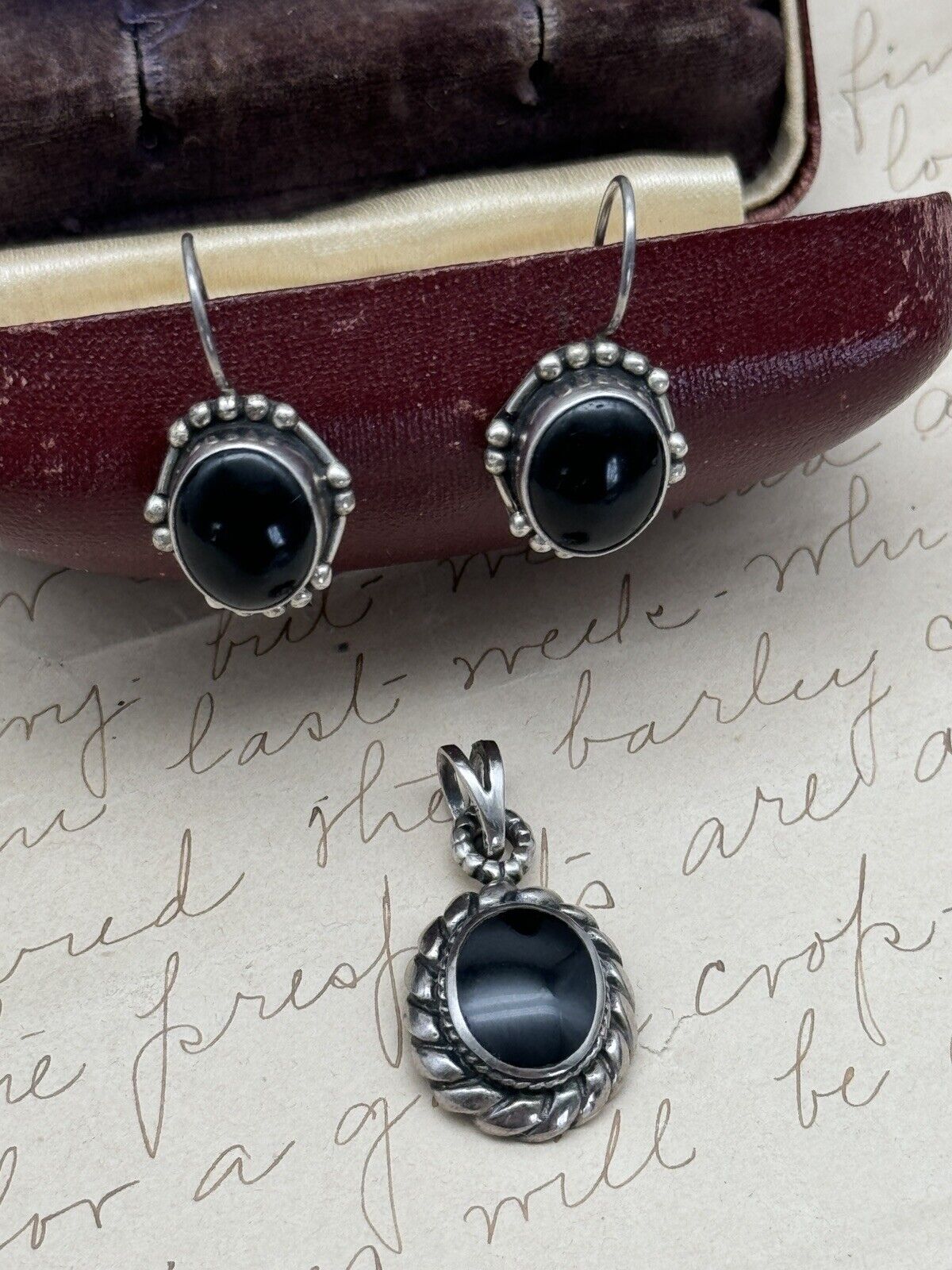 Vintage Pair 925 Sterling Silver Black Onyx Dangle Earrings With Pendant