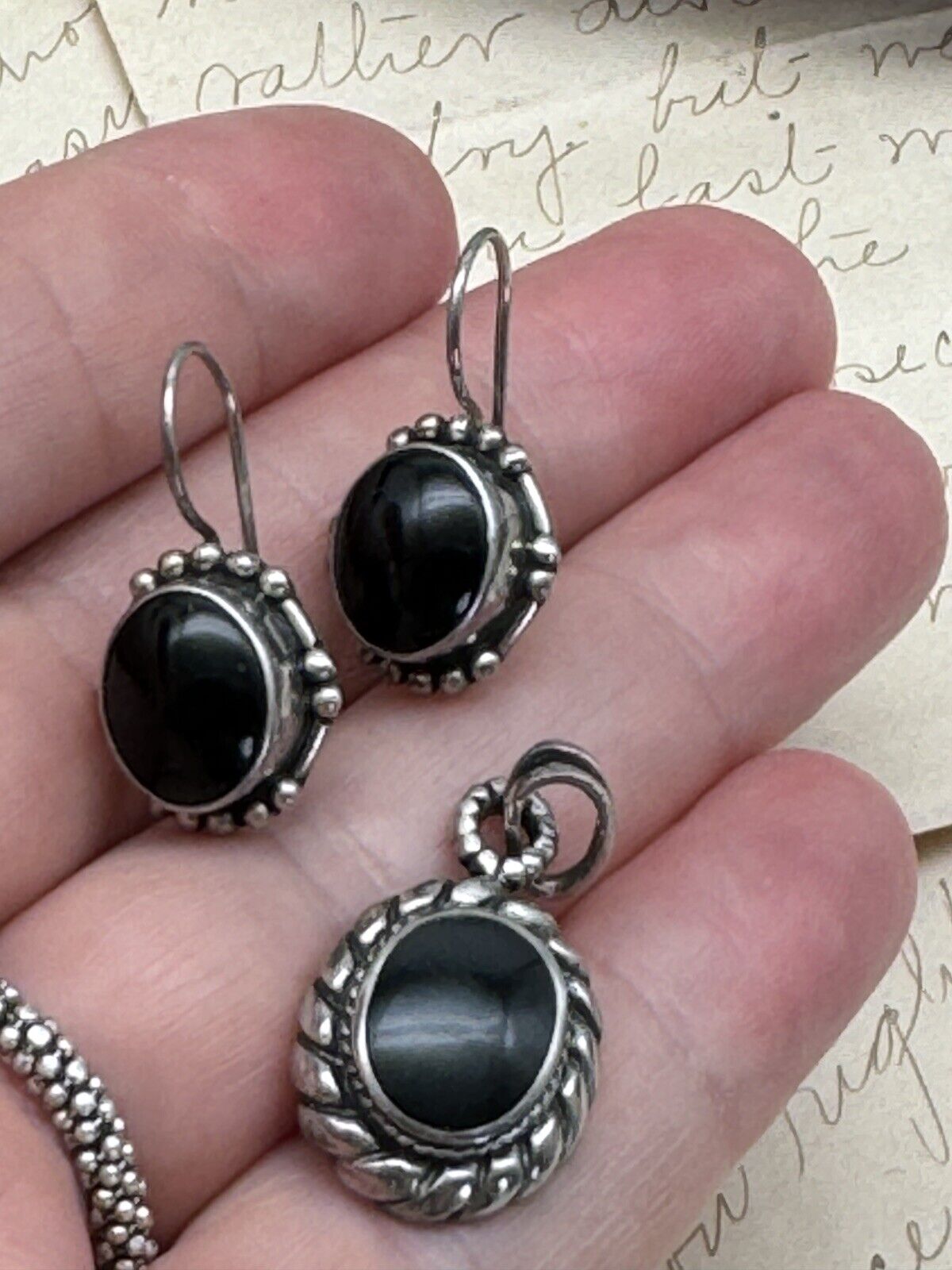 Vintage Pair 925 Sterling Silver Black Onyx Dangle Earrings With Pendant
