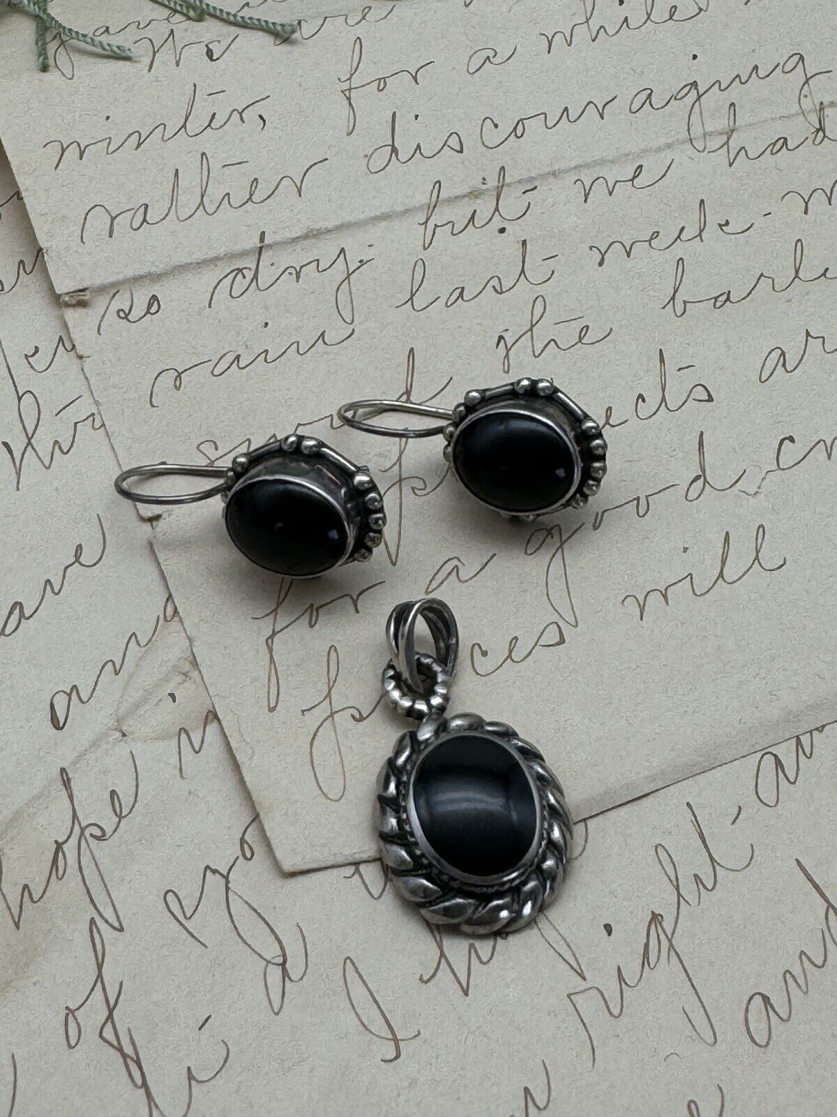 Vintage Pair 925 Sterling Silver Black Onyx Dangle Earrings With Pendant