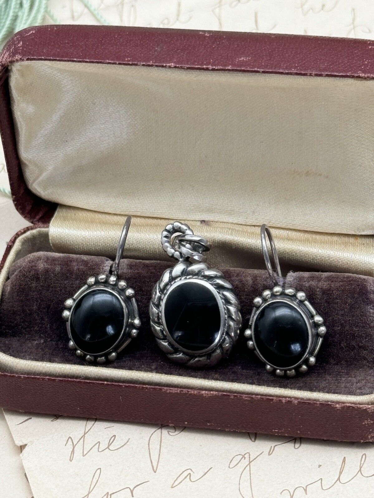 Vintage Pair 925 Sterling Silver Black Onyx Dangle Earrings With Pendant