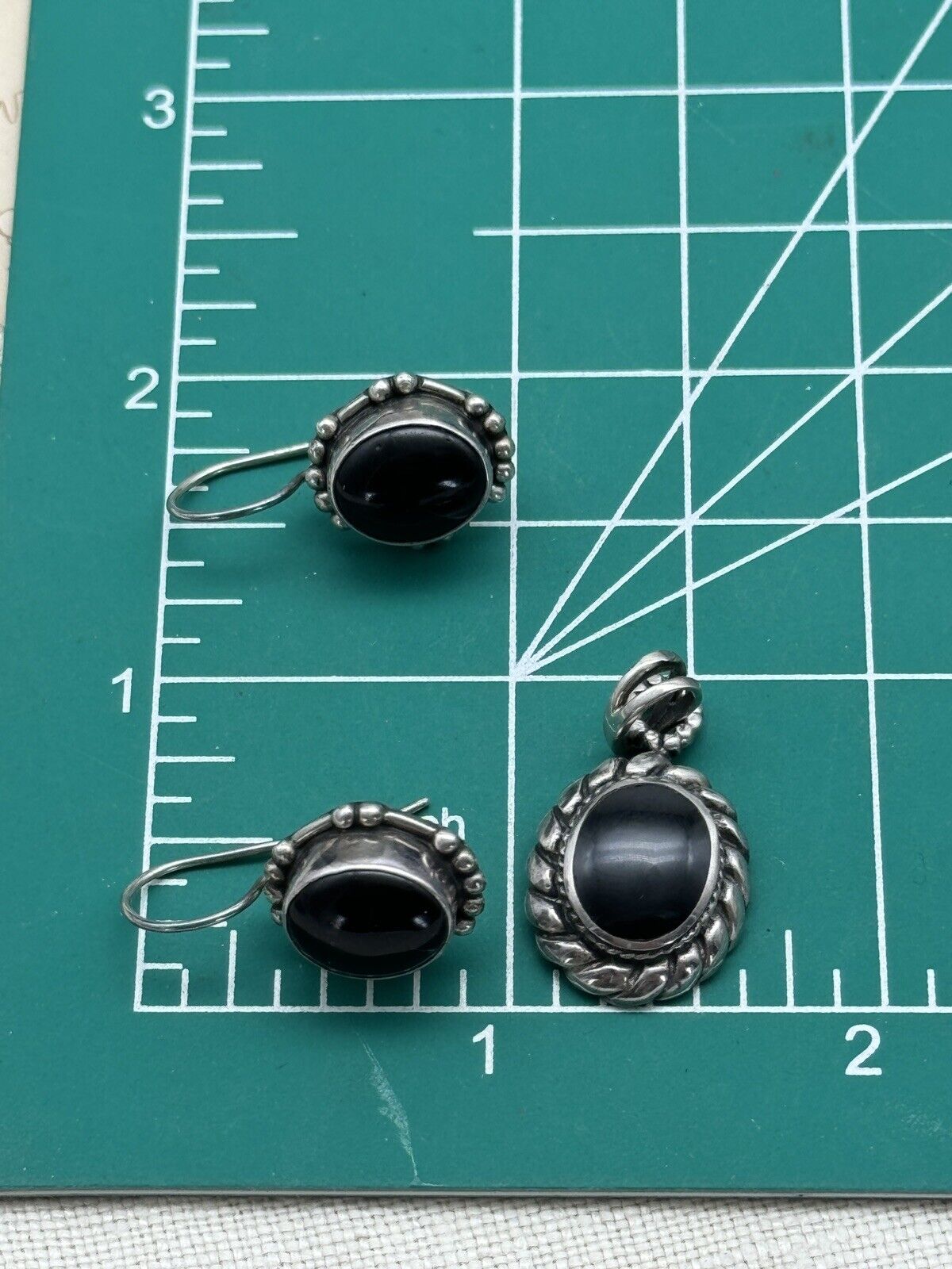 Vintage Pair 925 Sterling Silver Black Onyx Dangle Earrings With Pendant