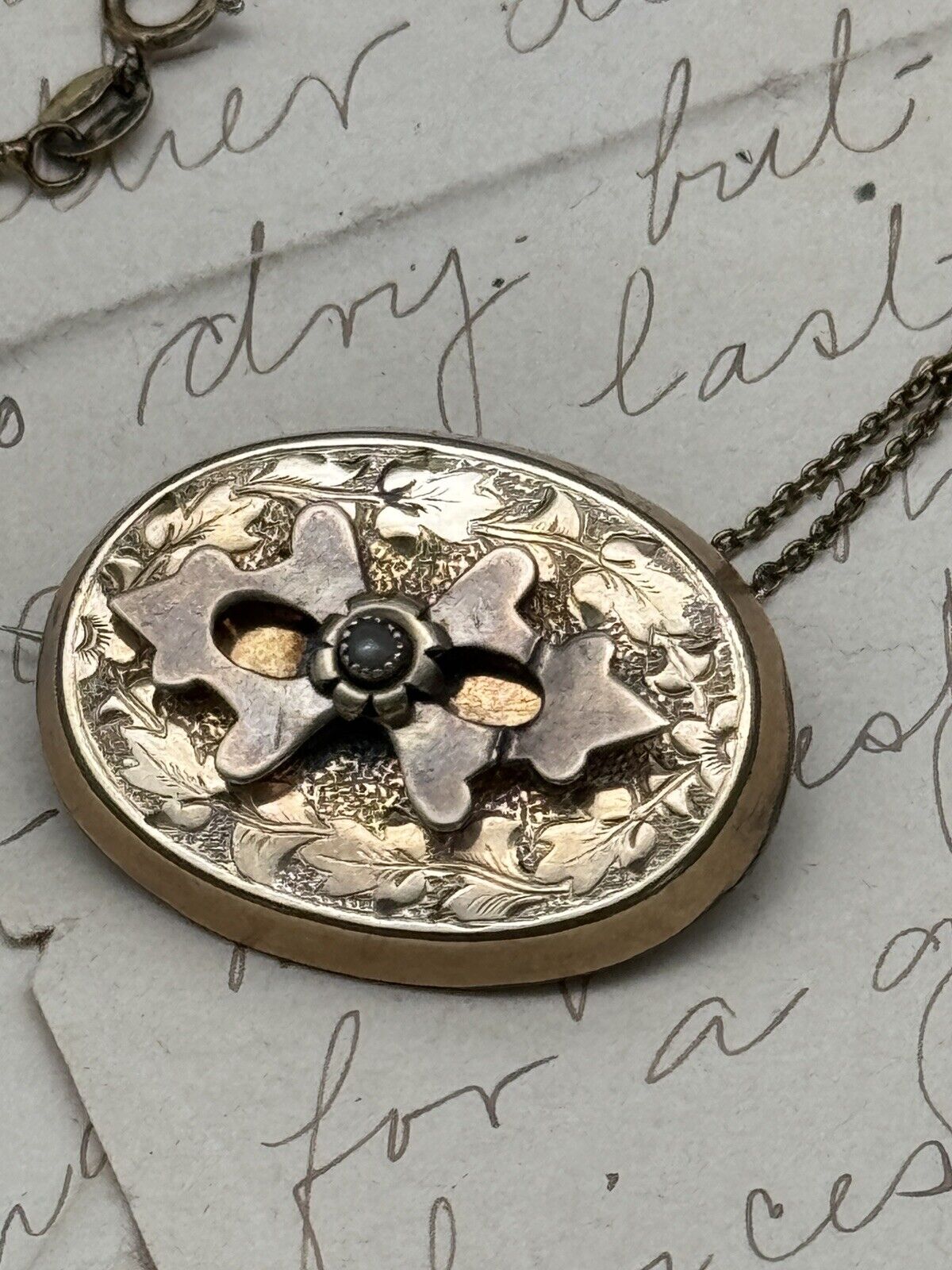 Victorian Gold Filled Brooch Pendant With Gold Plated 925 Sterling Chain 17.5”