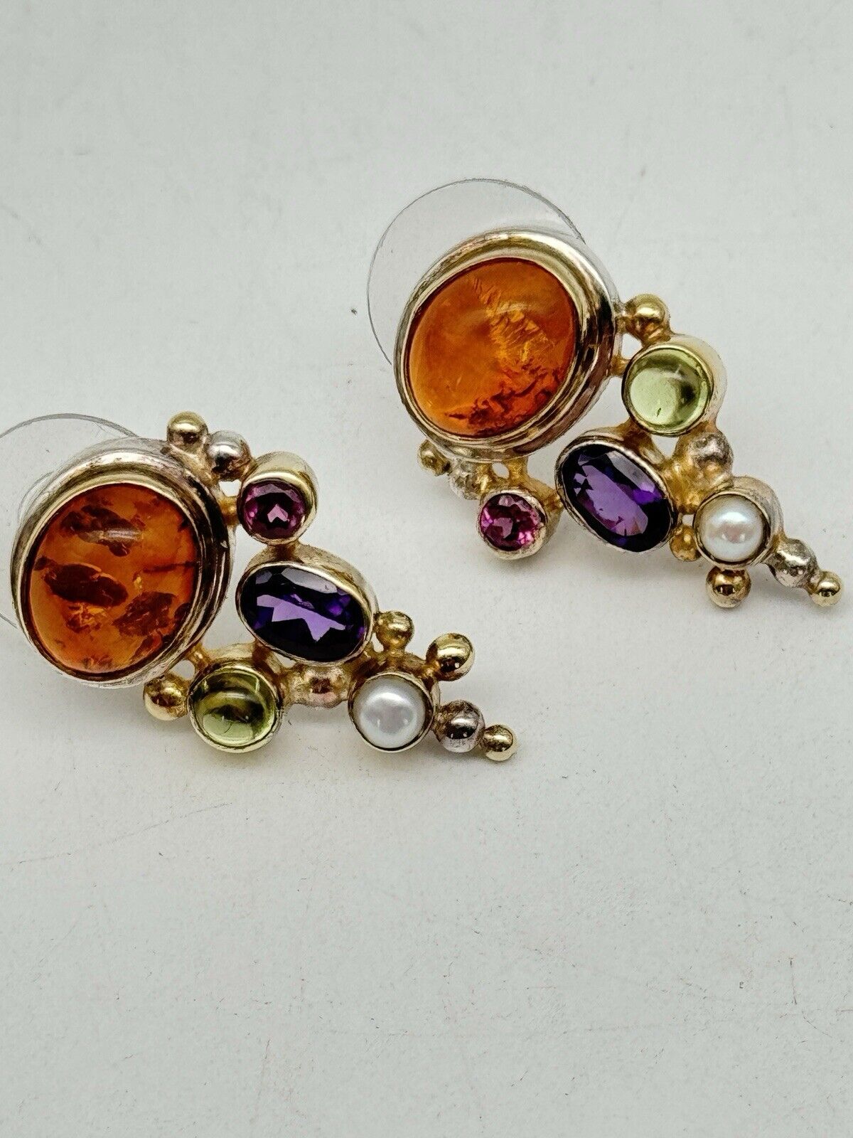 Pre-Loved MICHOU Earrings Sterling Amber Peridot Rhodolite Amethyst Pearl Garnet