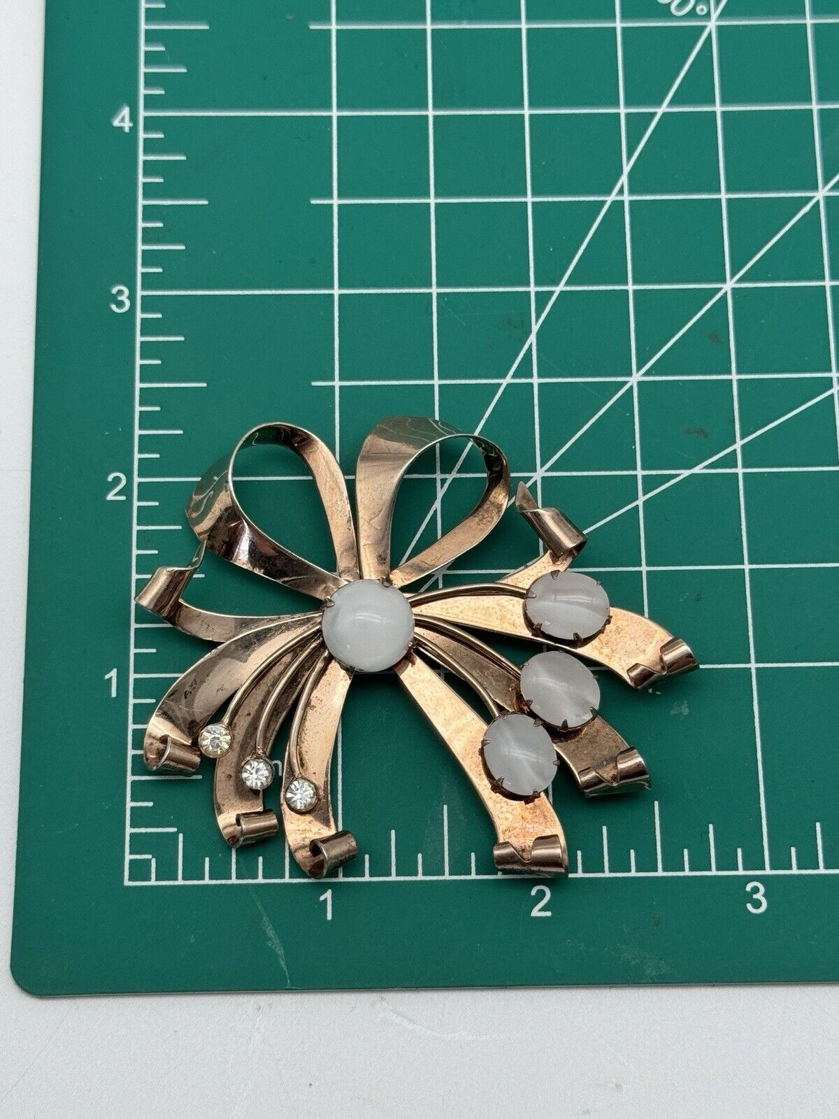1940s Brooch STERLING Gold VERMEIL Retro Ribbon With Opaline Stones & Rhinestone