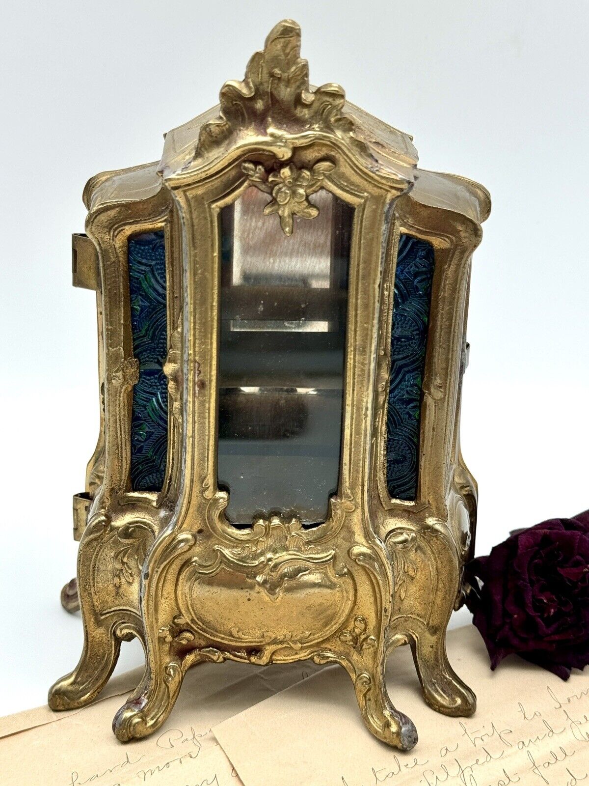 Antique French Style Jewelry Box Curio With Stained Glass MINIATURE