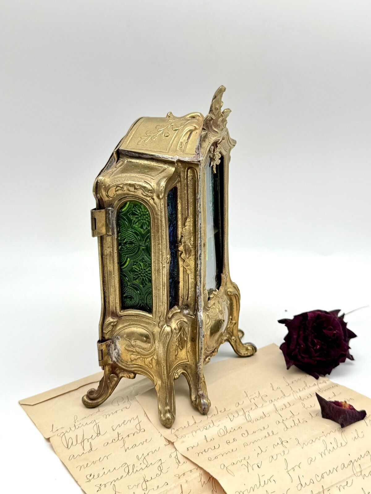 Antique French Style Jewelry Box Curio With Stained Glass MINIATURE