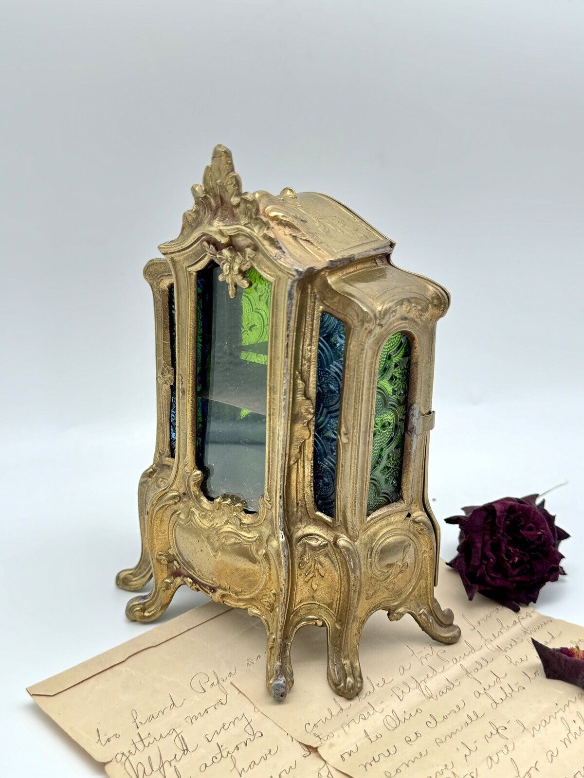 Antique French Style Jewelry Box Curio With Stained Glass MINIATURE