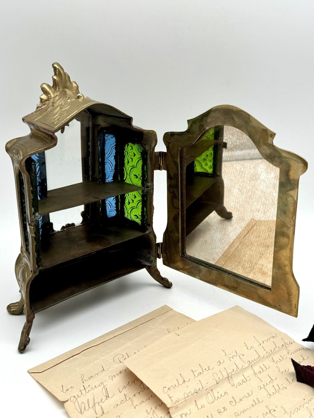 Antique French Style Jewelry Box Curio With Stained Glass MINIATURE