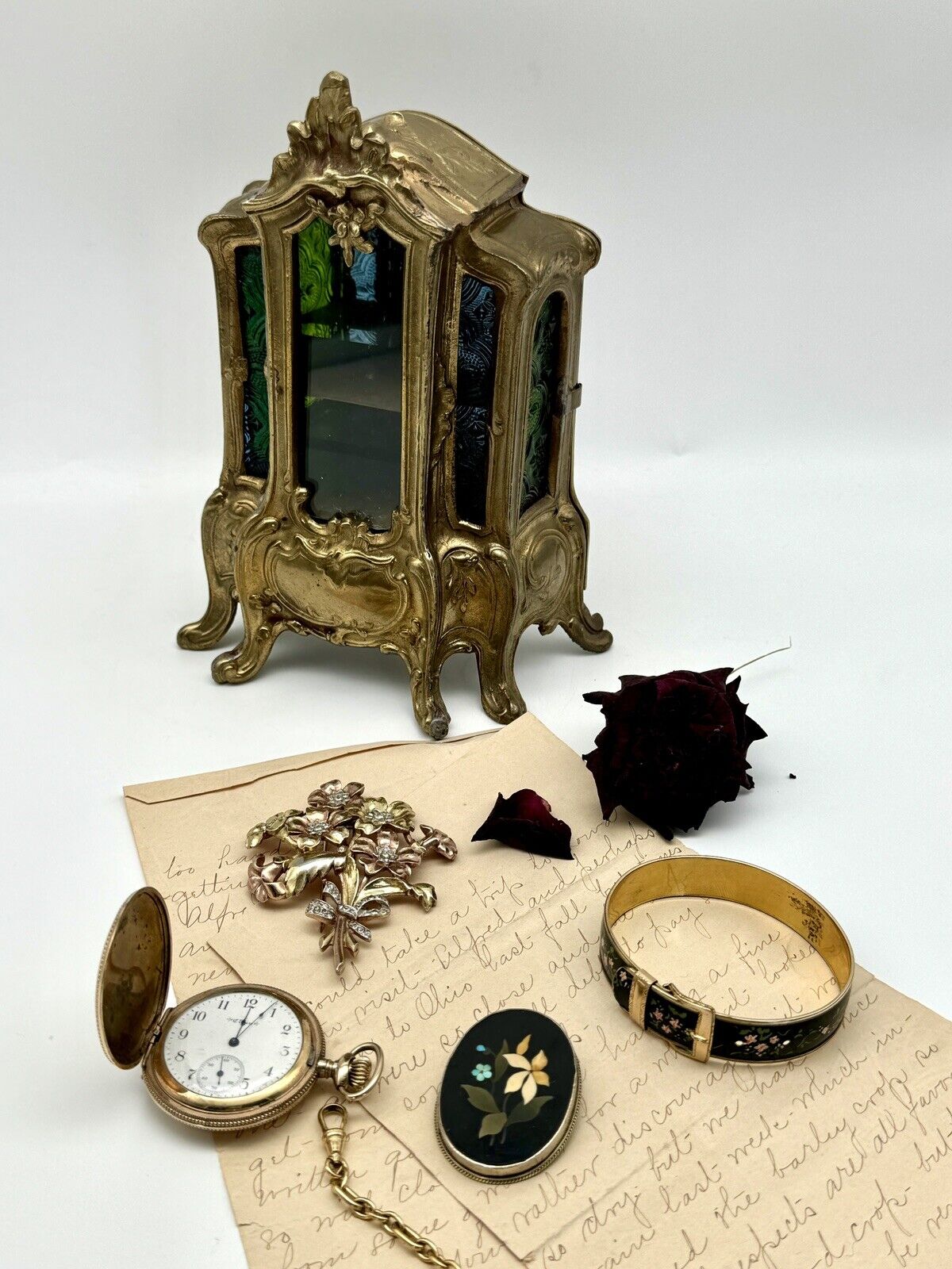 Antique French Style Jewelry Box Curio With Stained Glass MINIATURE