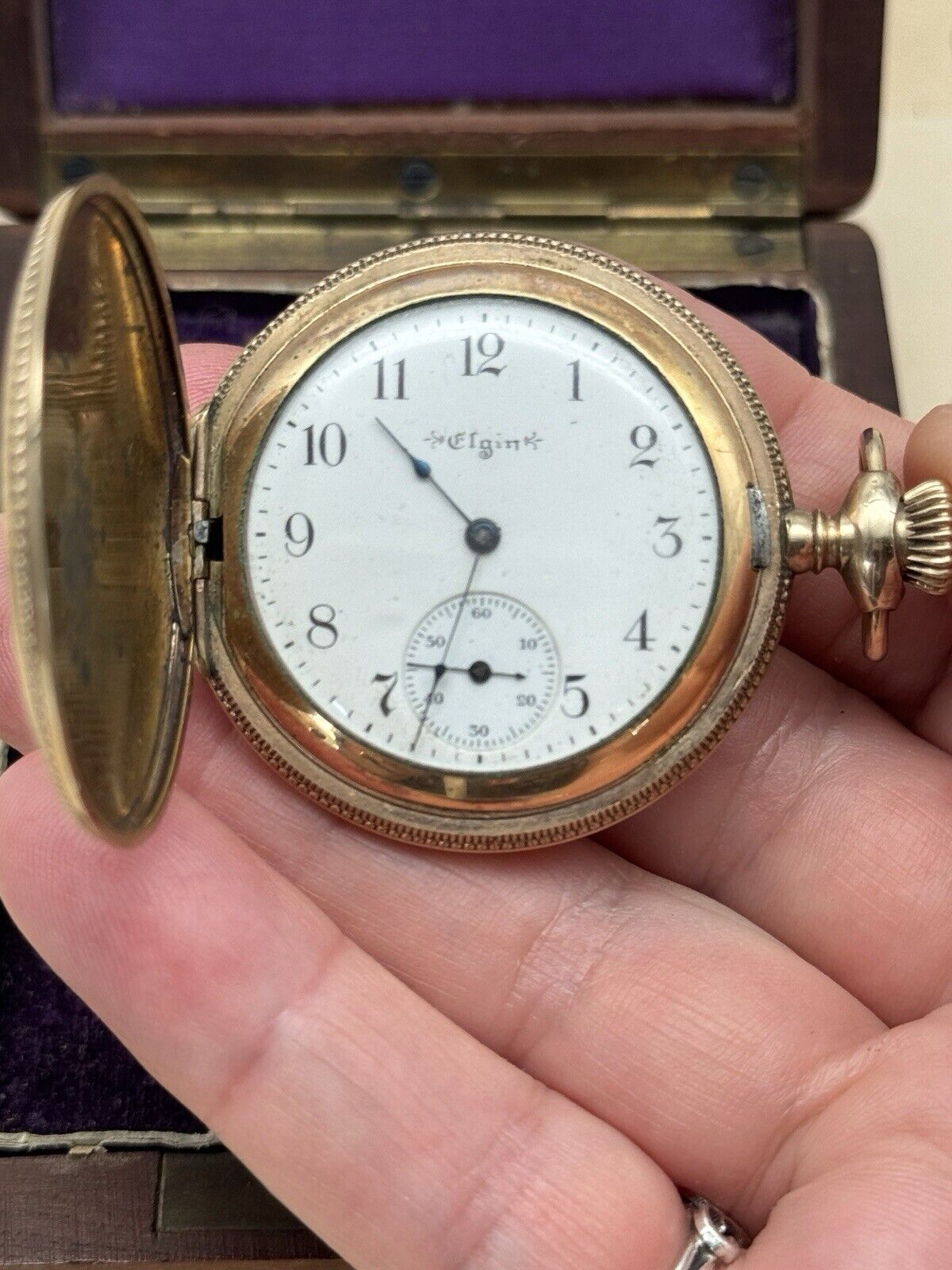 Antique GOLD FILLED Pocket Watch Elgin 1903 In Wood Case RUNS Inside Dedication