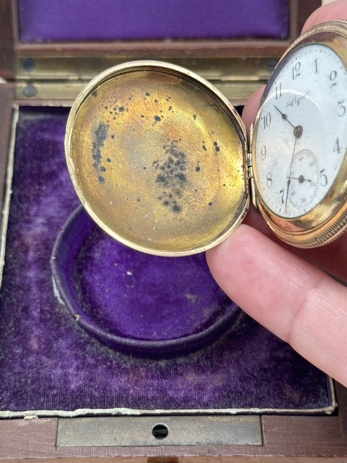 Antique GOLD FILLED Pocket Watch Elgin 1903 In Wood Case RUNS Inside Dedication