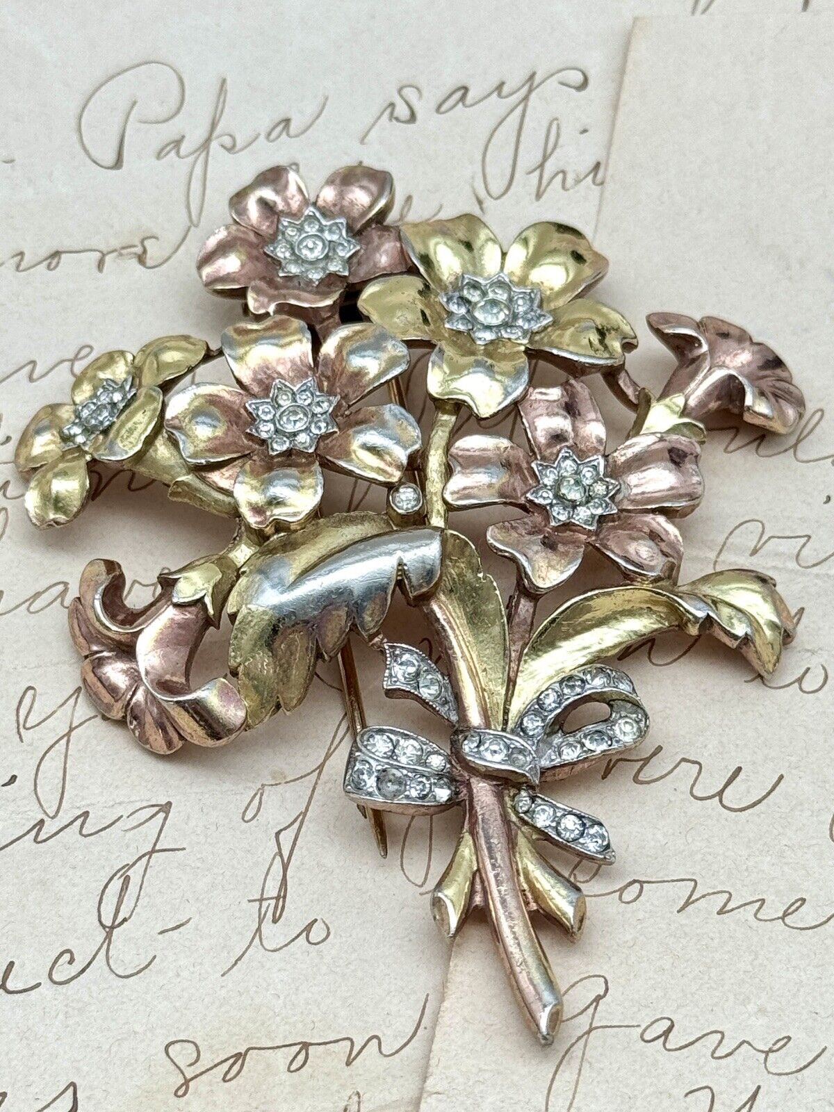 Unsigned TRIFARI Fur Clip 3” Floral Bouquet With Tied Pave Bow Two Tone