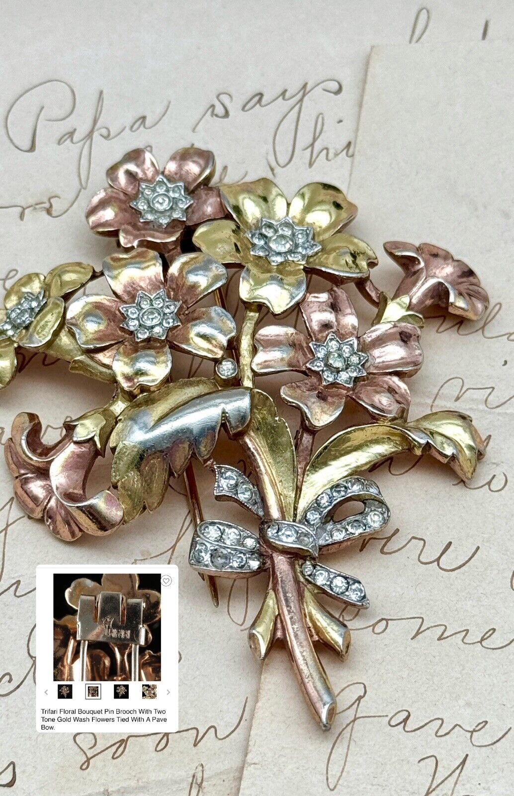 Unsigned TRIFARI Fur Clip 3” Floral Bouquet With Tied Pave Bow Two Tone