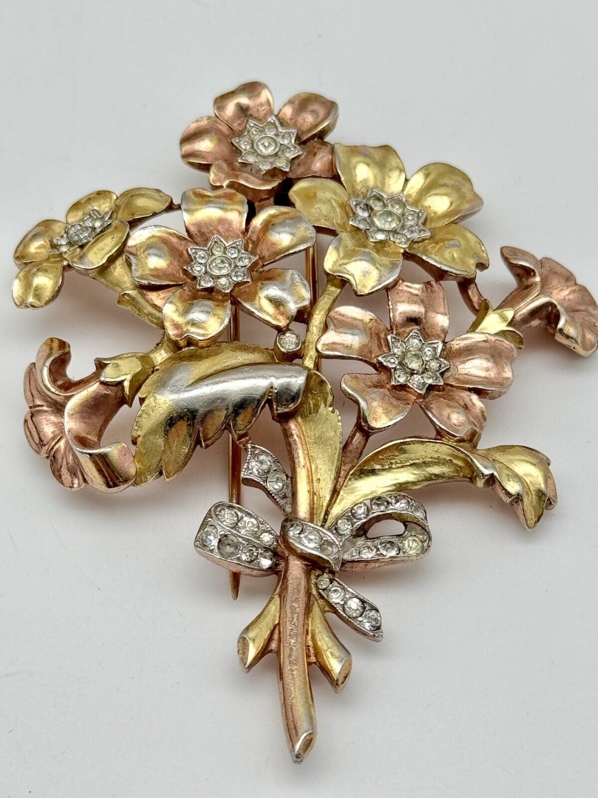 Unsigned TRIFARI Fur Clip 3” Floral Bouquet With Tied Pave Bow Two Tone
