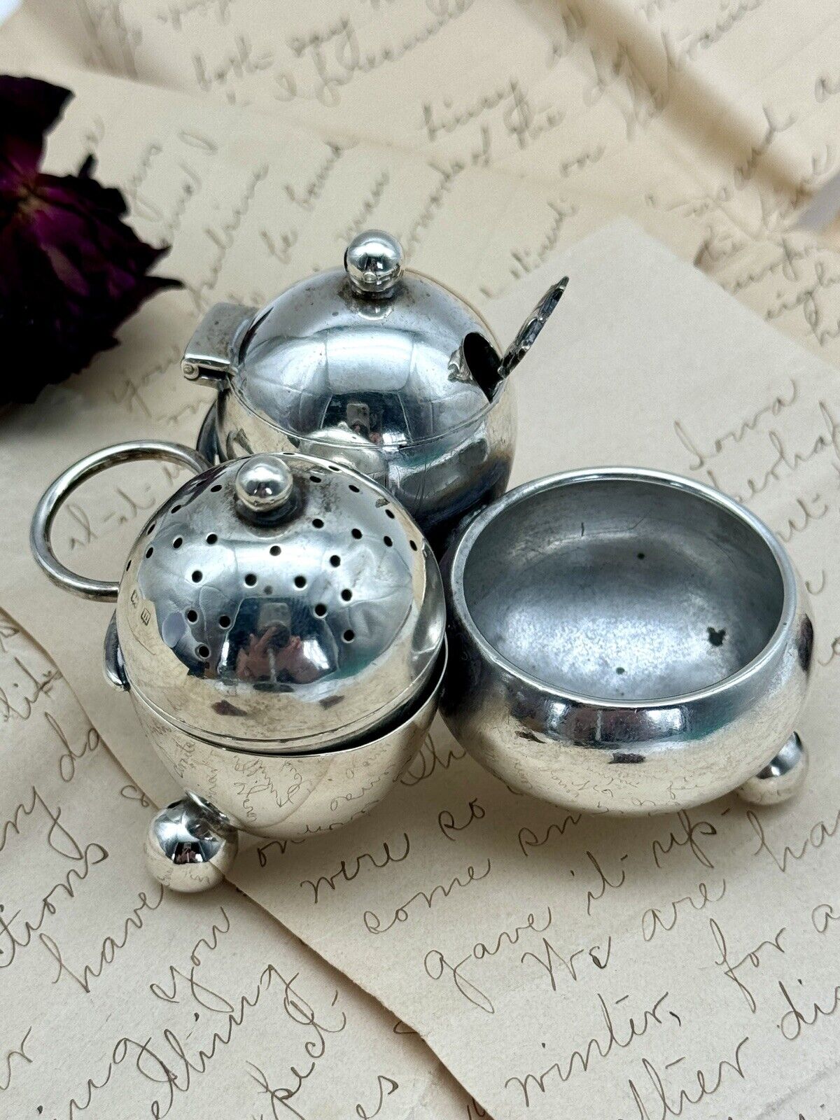 Antique ENGLISH Edwardian Style STERLING Cruet Set Salt, Pepper, Mustard AS IS‼️