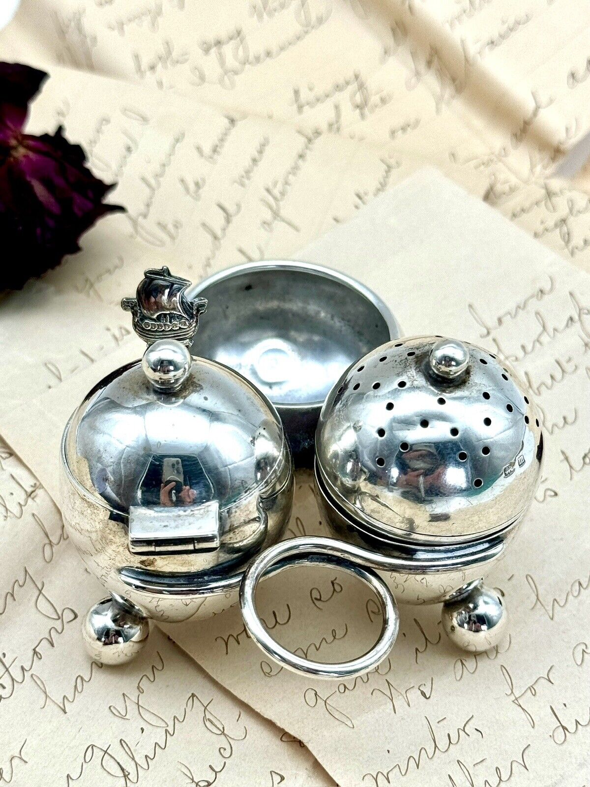 Antique ENGLISH Edwardian Style STERLING Cruet Set Salt, Pepper, Mustard AS IS‼️