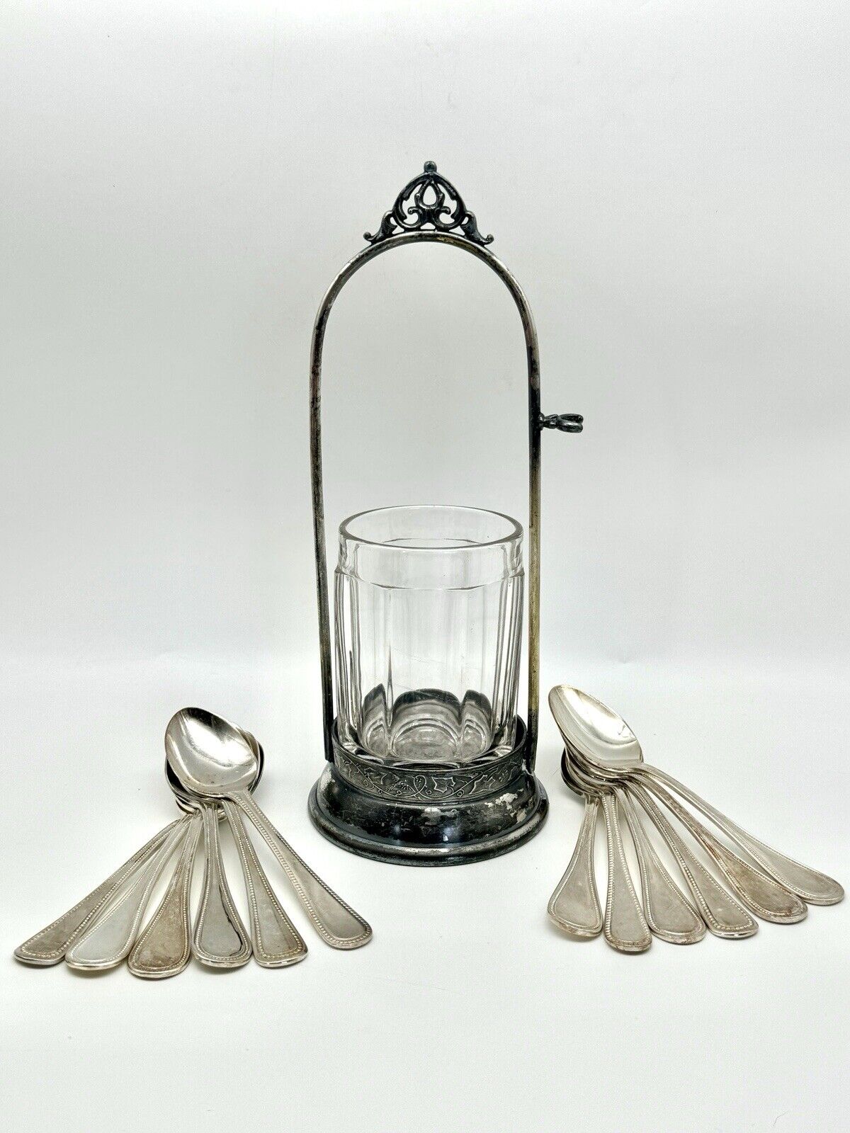 Antique Silverplate Middleton Pickle Castor No Lid With 12 Tea Spoons