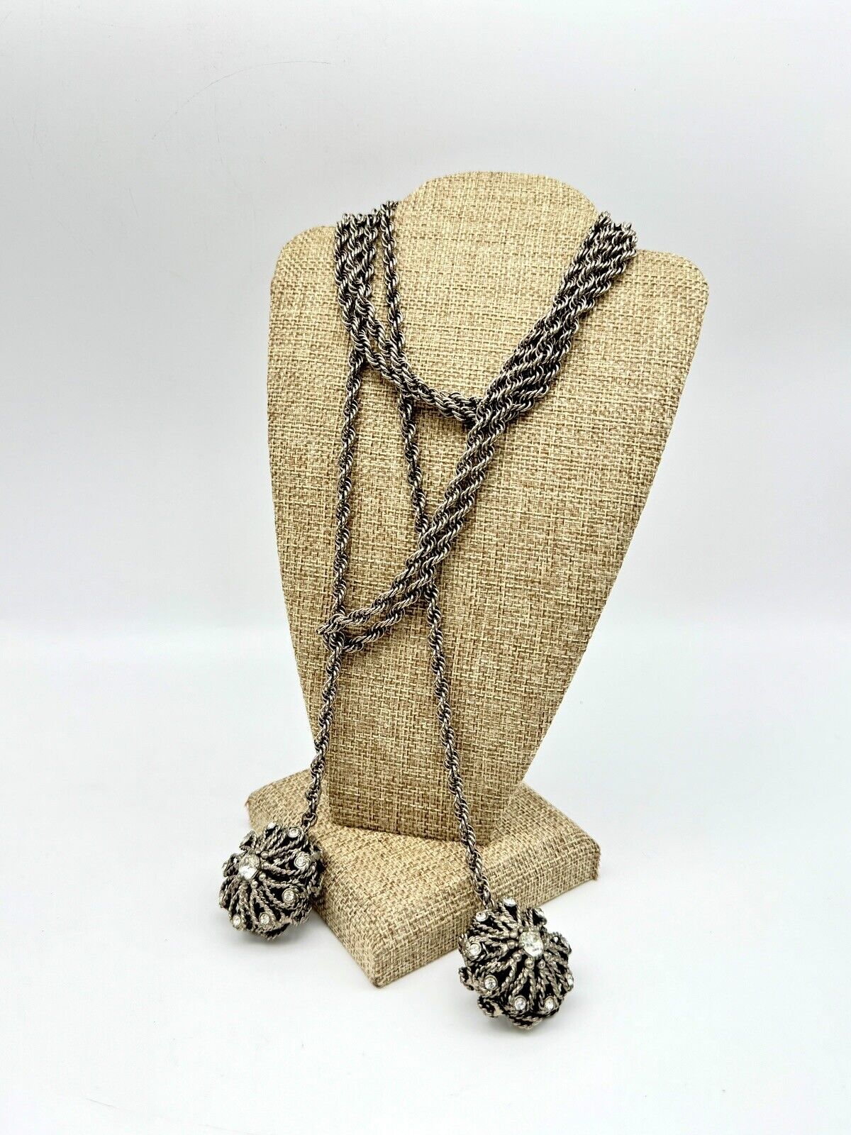 Vintage Silver Tone Lariat Chain Necklace Or Belt With Rhinestones ca. 62”
