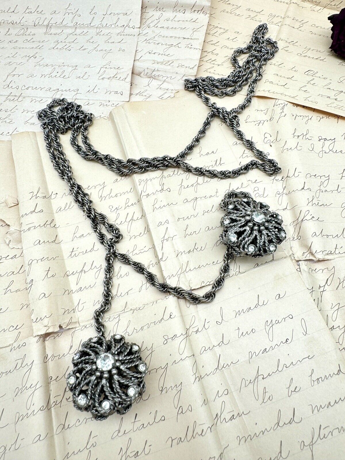 Vintage Silver Tone Lariat Chain Necklace Or Belt With Rhinestones ca. 62”