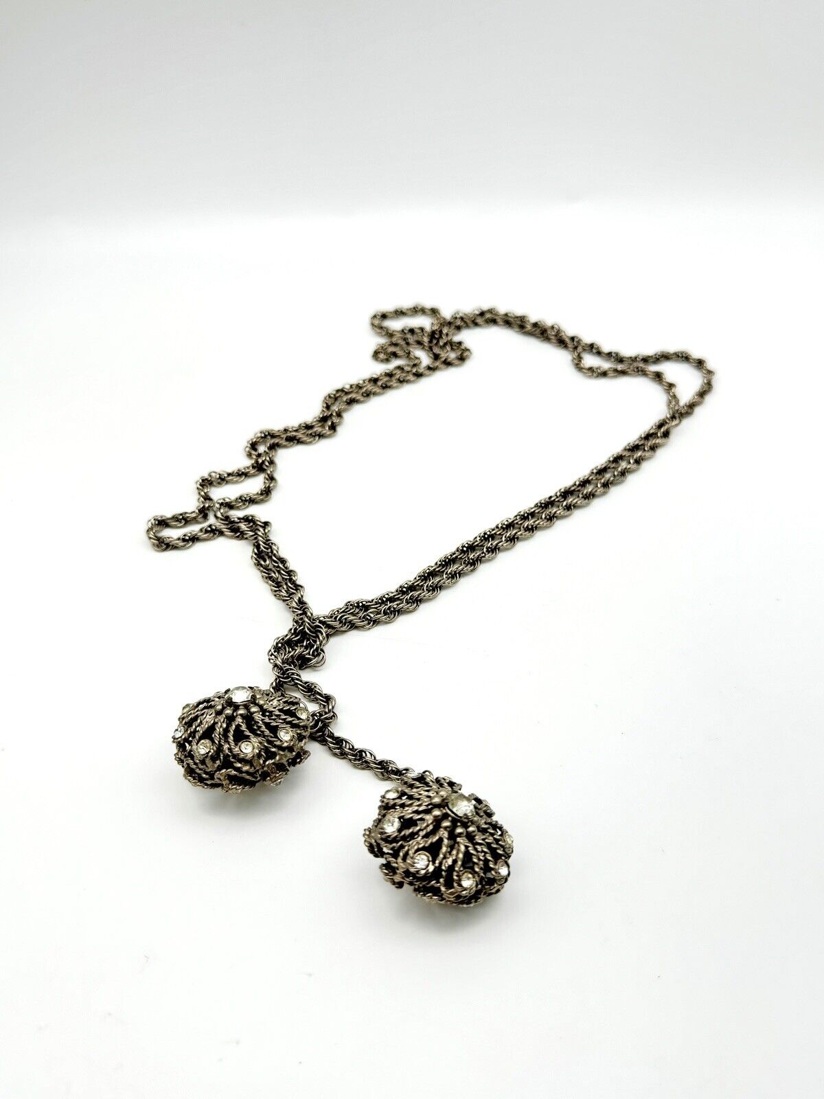 Vintage Silver Tone Lariat Chain Necklace Or Belt With Rhinestones ca. 62”